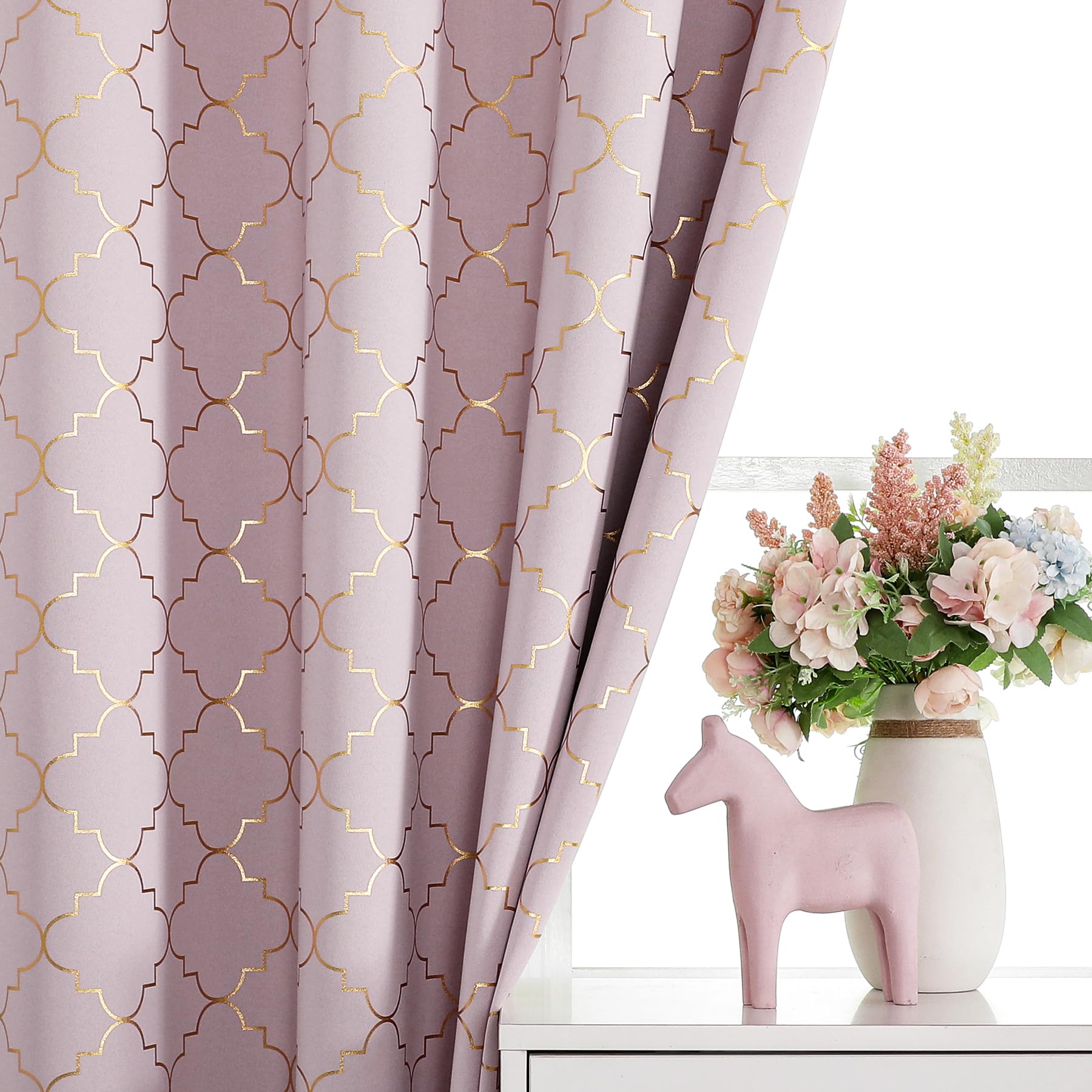 Enactex 100% Blackout Thermal Insulated Curtains - 95 Inch Long Pink Drapes with Gold Geometric Pattern, Room Darkening Grommet Window Panels for Girls Bedroom & Living Room | Perfect for Light Blocking, Privacy & Energy Efficiency