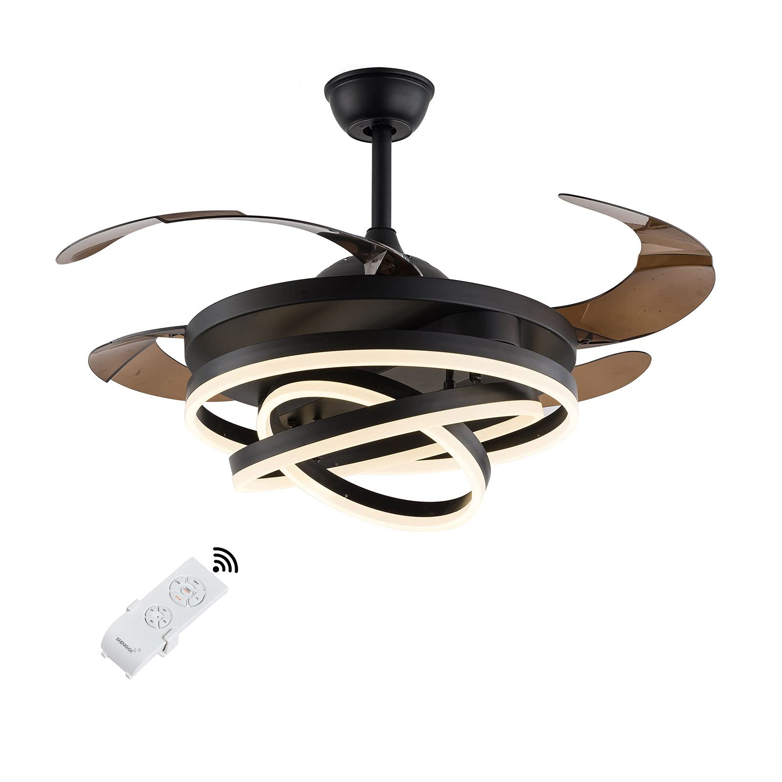 42 Inch Modern Retractable Ceiling Fan with Lights - Remote Control LED Ceiling Fan Light Kit with 4 Retractable Blades - Ultra Quiet Operation - Perfect for Kitchen, Bedroom, Living Room & Dining Room - Black - Energy Efficient Cooling & Stylish Home Decor