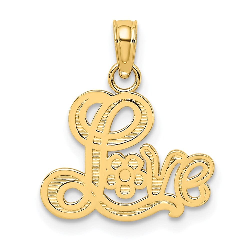 14K Yellow Gold LOVE Script Necklace with Flower Charm Pendant - Elegant Women's Fine Jewelry for Valentine's Day, Anniversary & Special Occasions