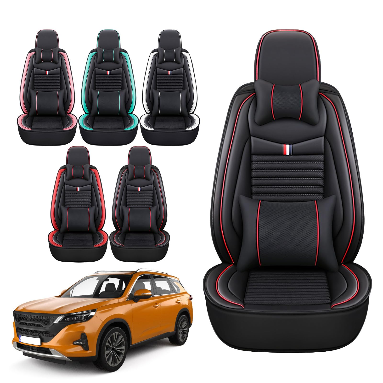 Premium Leather Car Seat Covers for Dodge Journey 2009-2020 - Universal Anti-Slip Design Fits Most Cars, Sedans, SUVs & Trucks (Black Red Bars) - Perfect for Road Trips, Daily Commuting & Vehicle Protection