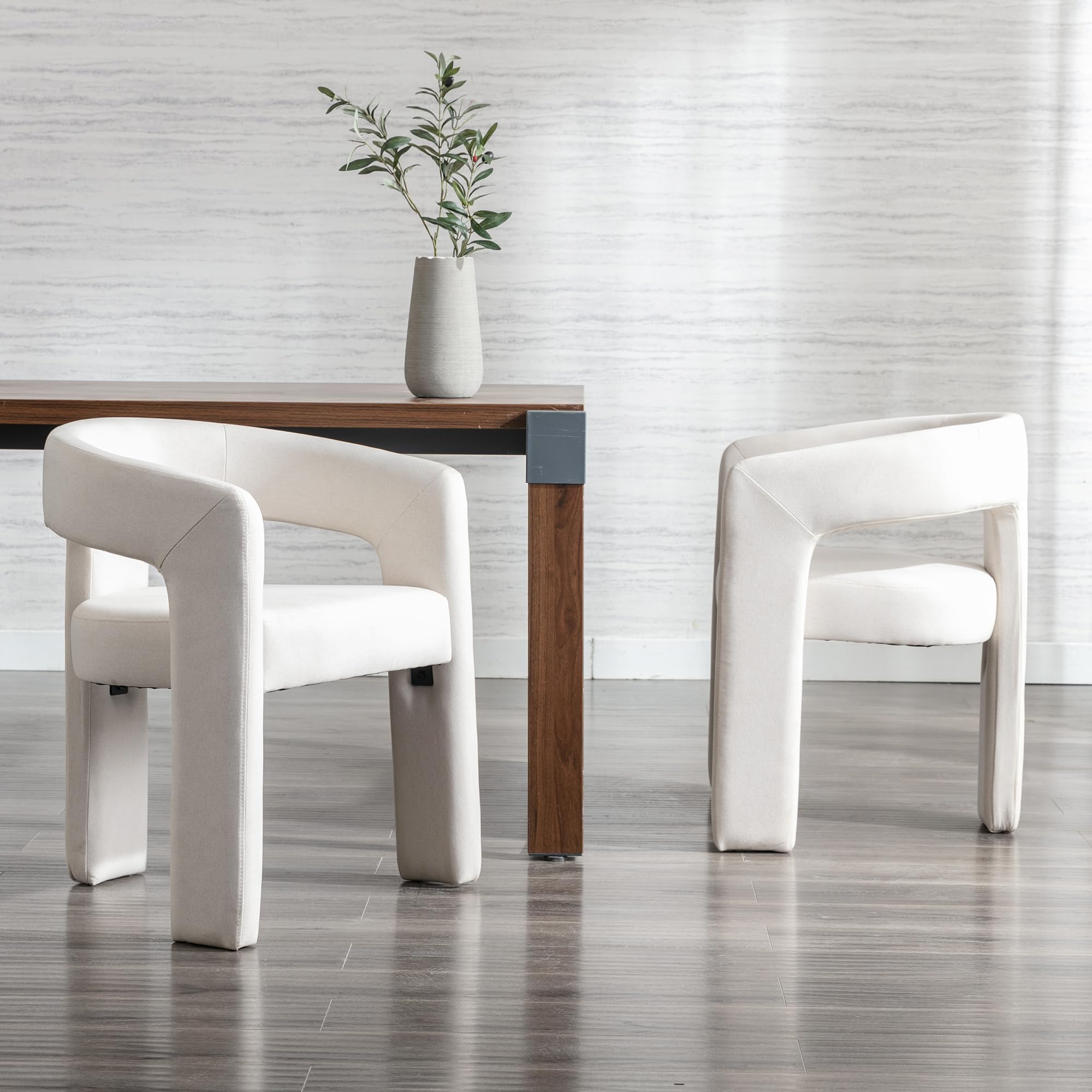 Modern Dining Chair Set of 2 - Linen Upholstered Barrel Kitchen Chairs with Wooden Legs, Round Accent Armchairs for Dining Room, Living Room, Bedroom or Side Table | Ivory | Perfect for Small Spaces, Breakfast Nooks & Cozy Home Decor