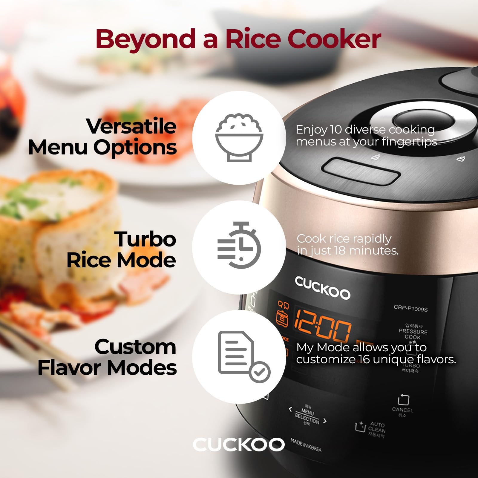 Cuckoo High 6 Cup Electric Heating Pressure Rice Cooker & Warmer with 12 Built-in Programs - White, Mixed, Brown, GABA & Black Copper Rice Settings - Perfect for Home, Office & Dorm Cooking