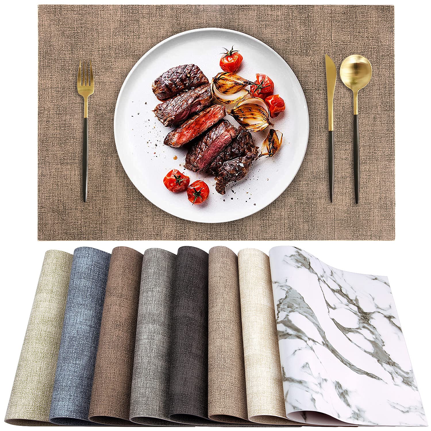 Premium PU Leather Heat-Resistant Placemats Set of 6 - Waterproof, Wipeable & Washable Table Mats - Non-Slip, Easy to Clean - Dark Brown - Perfect for Dining Tables, Kitchen Countertops & Outdoor Picnics