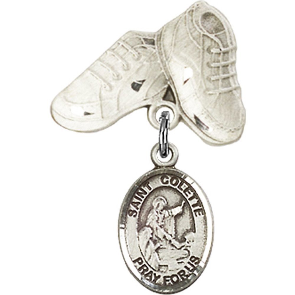 Sterling Silver Baby Badge with St. Colette Charm & Baby Boots Pin - 1 X 5/8 Inch - Perfect for Christening Gifts, Baby Showers & First Communion Keepsakes