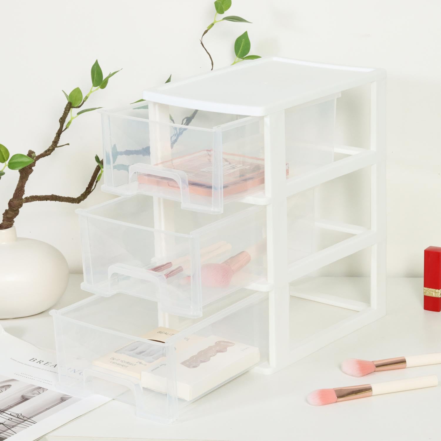 3-Drawer Plastic Storage Organizer - White Desktop Organizer for Home & Office Use
