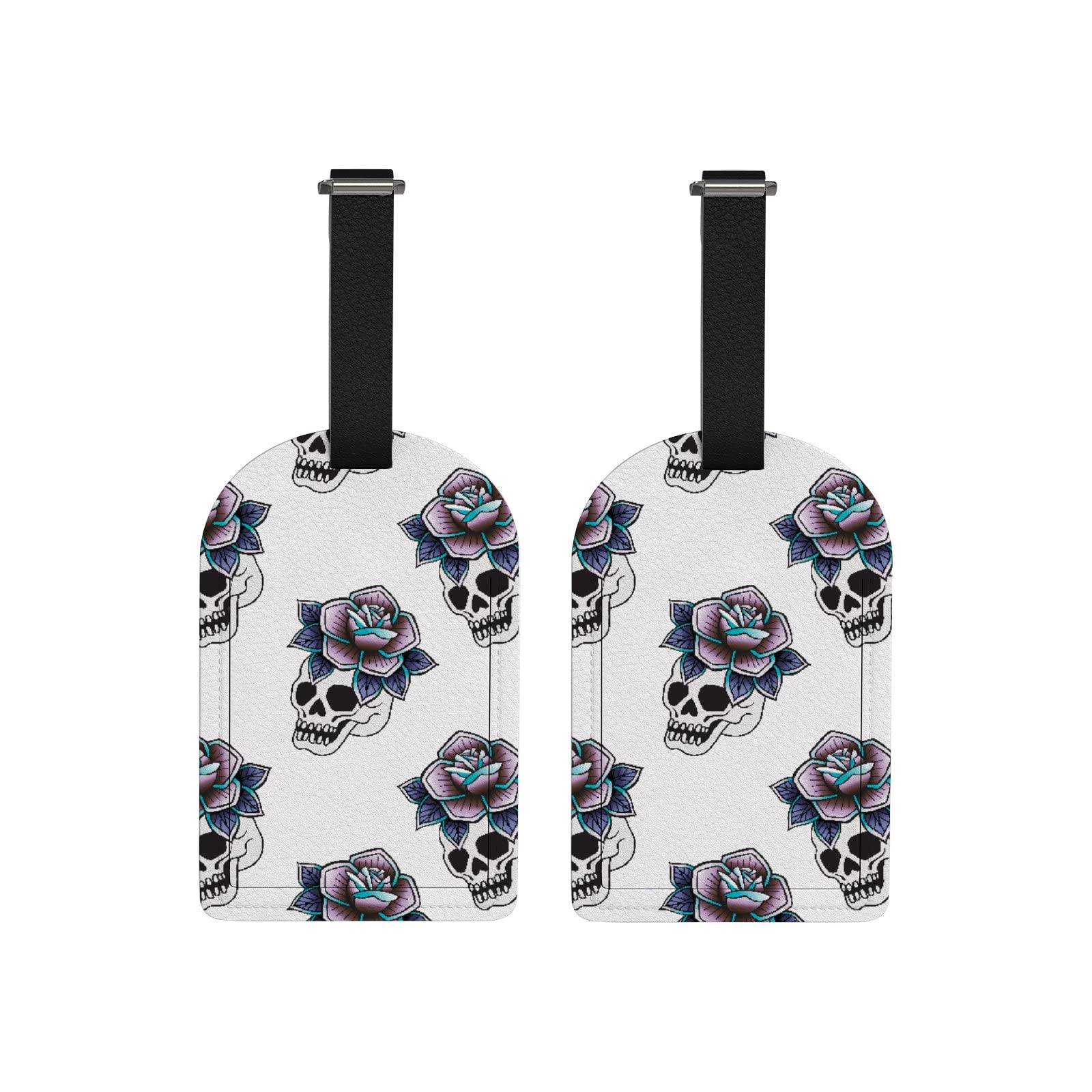 Rose Skull Leather Luggage Tags - Set of 2 Privacy Name ID Cards for Suitcases | Durable Travel Accessories for Airports & Vacations