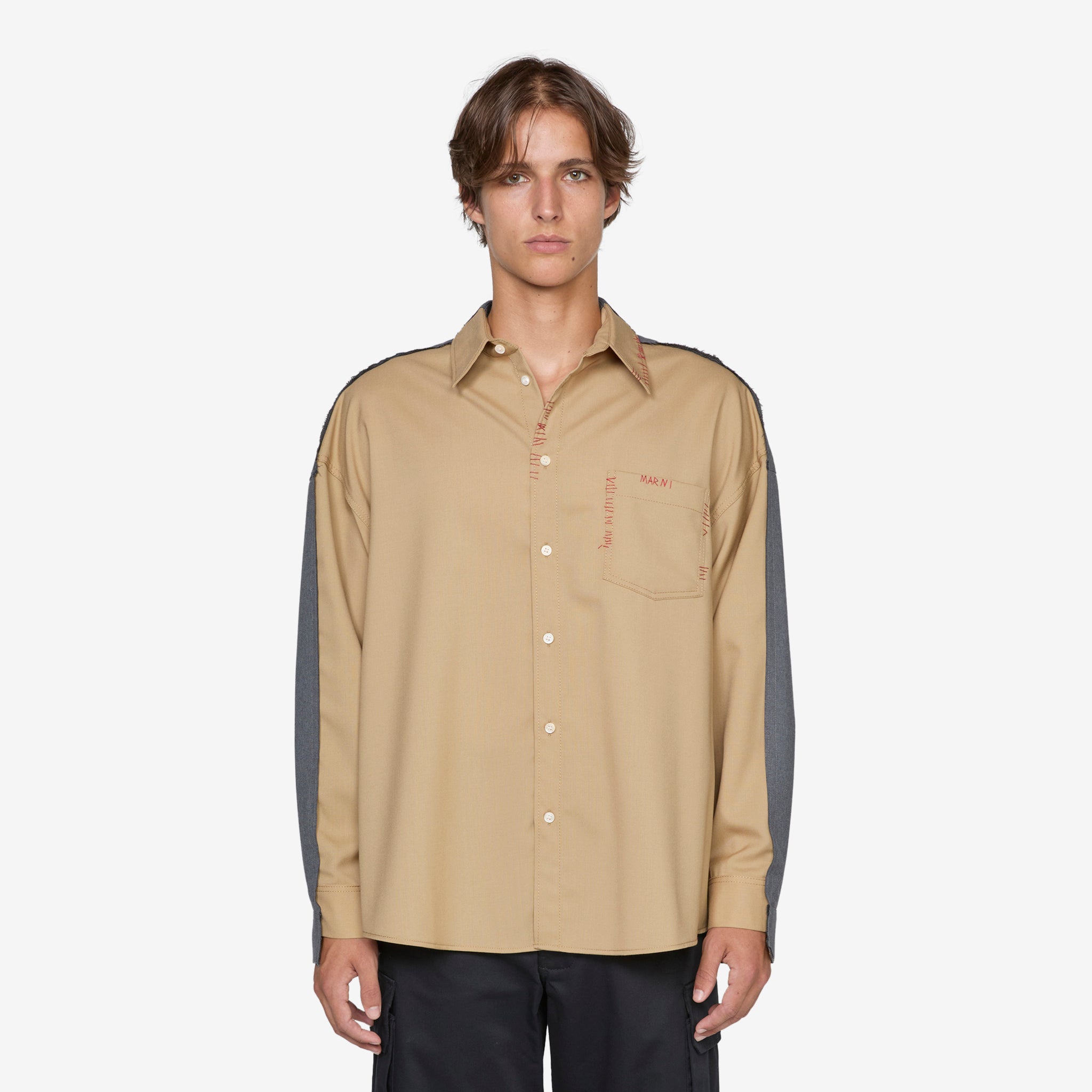 Stylish Contrast Panel Tropical Wool Shirt in Dijon Color - Perfect for Casual Outings and Business Casual Attire