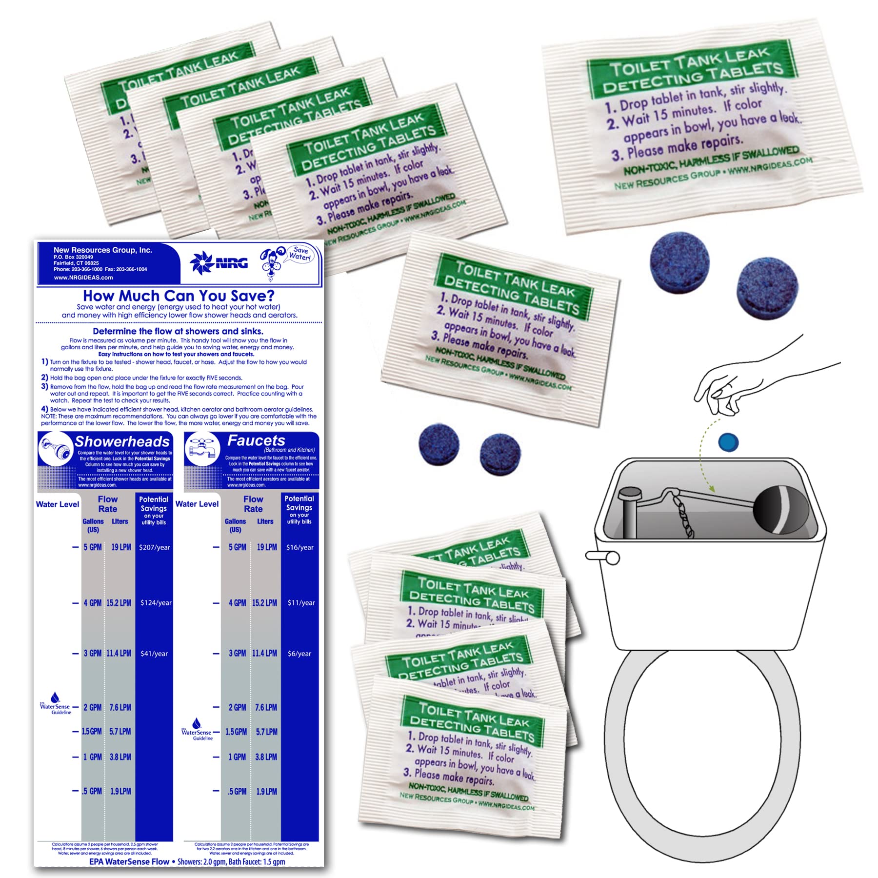 Flow Gauge Measuring Bag & 20 Dye Tablets for Toilet Leak Detection - Save Water with Shower & Faucet Silent Leak Detector for Bathroom Plumbing Maintenance