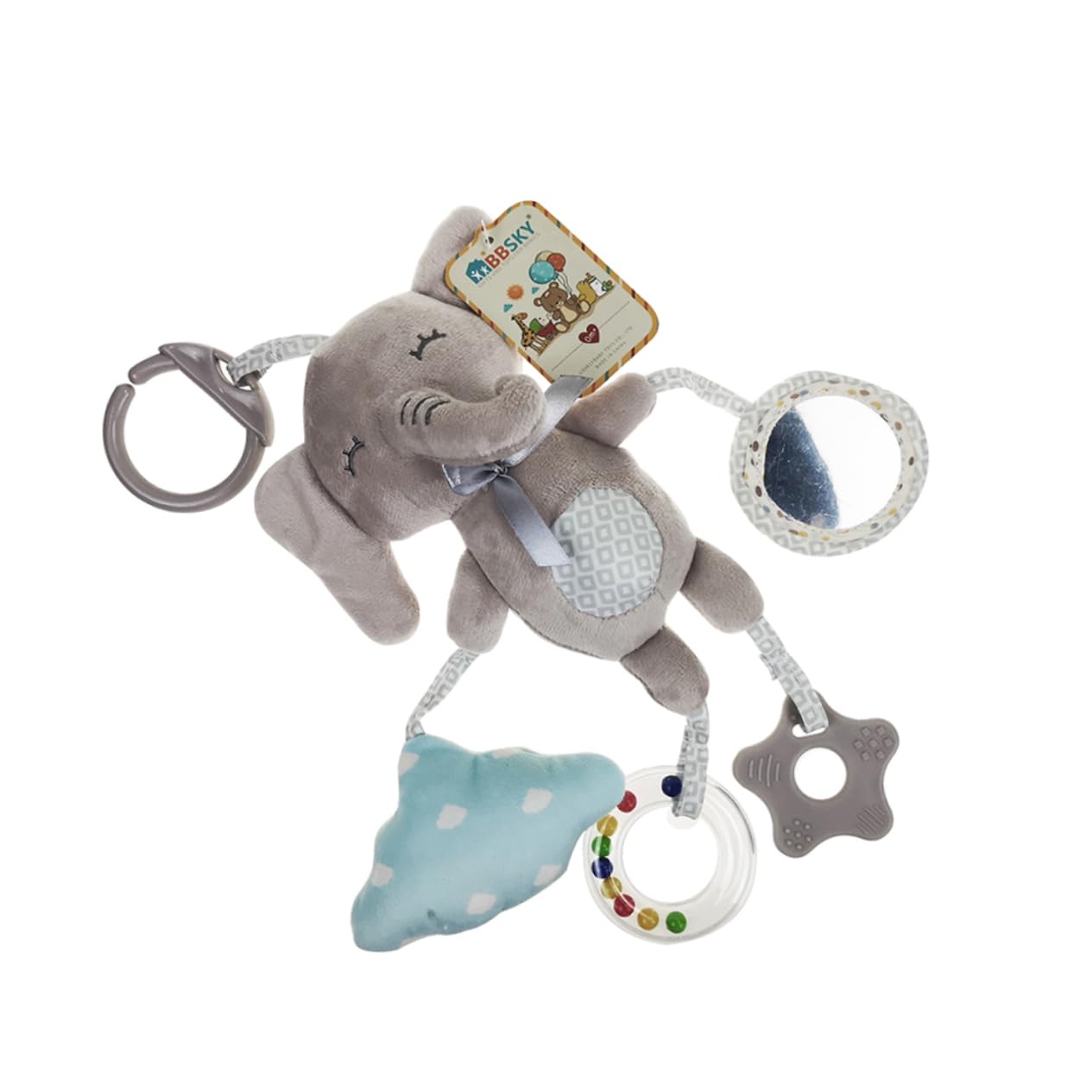 Vaguelly Animal Plush Rattle Toy - Grey Hanging Rattles for Babies & Toddlers - Perfect for Cribs, Strollers, and Playtime Fun