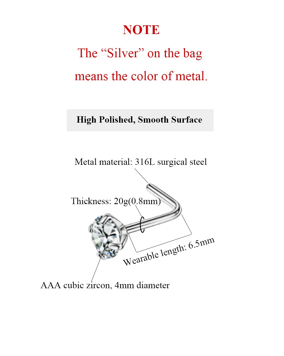 FANSING L-Shaped Nose Studs for Women & Men - Surgical Steel Nose Rings with Cubic Zirconia - Hypoallergenic Nostril Piercing Jewelry - Perfect for Everyday Wear & Special Occasions