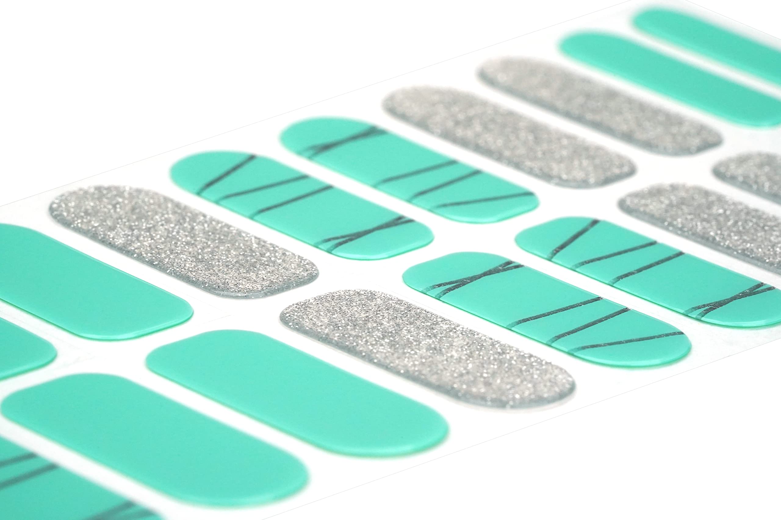 22 Premium Semi-Cured Gel Nail Polish Strips with Application Accessories - Teal, Silver Lines & Glitter for Stunning Nail Art | Perfect for Parties, Weddings & Special Occasions