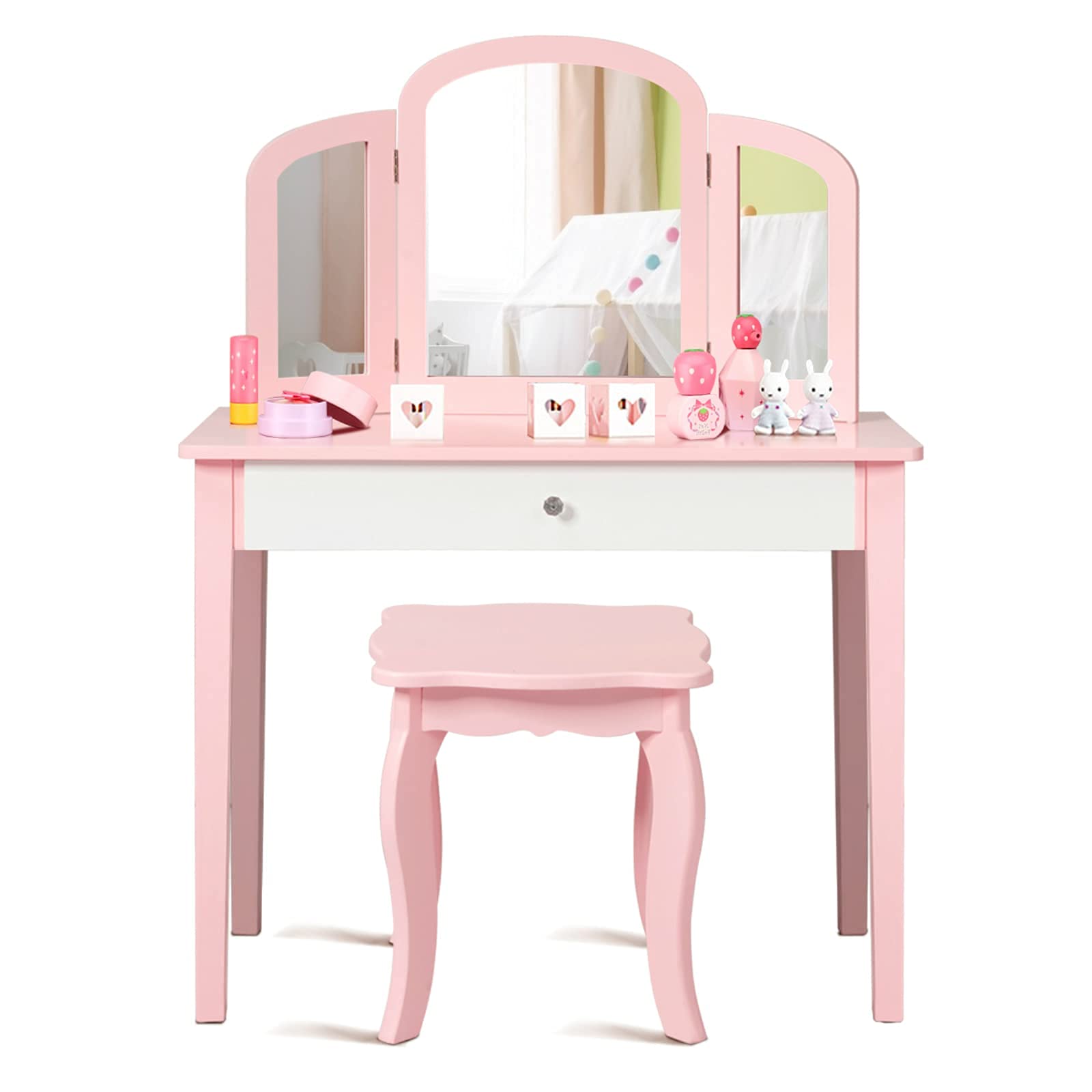 HONEY JOY Kids Vanity Set - Wooden Princess Pretend Play Dressing Table with Stool, Tri-Fold Mirror & Drawer for Little Girls (Pink) | Perfect for Birthday Gifts, Room Decor & Pretend Play for Toddlers Ages 3-8
