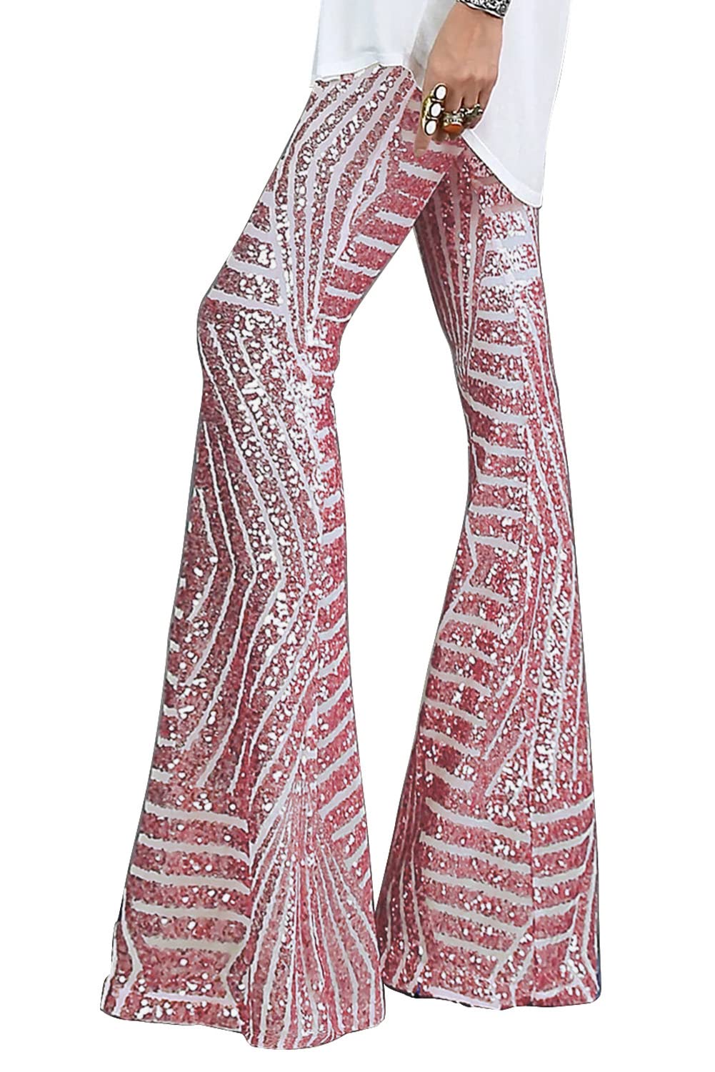 AZOKOE Women's High Waist Sequin Wide Leg Palazzo Lounge Pants - Comfortable Bell Bottom Trousers for Casual Wear, Yoga, and Night Out