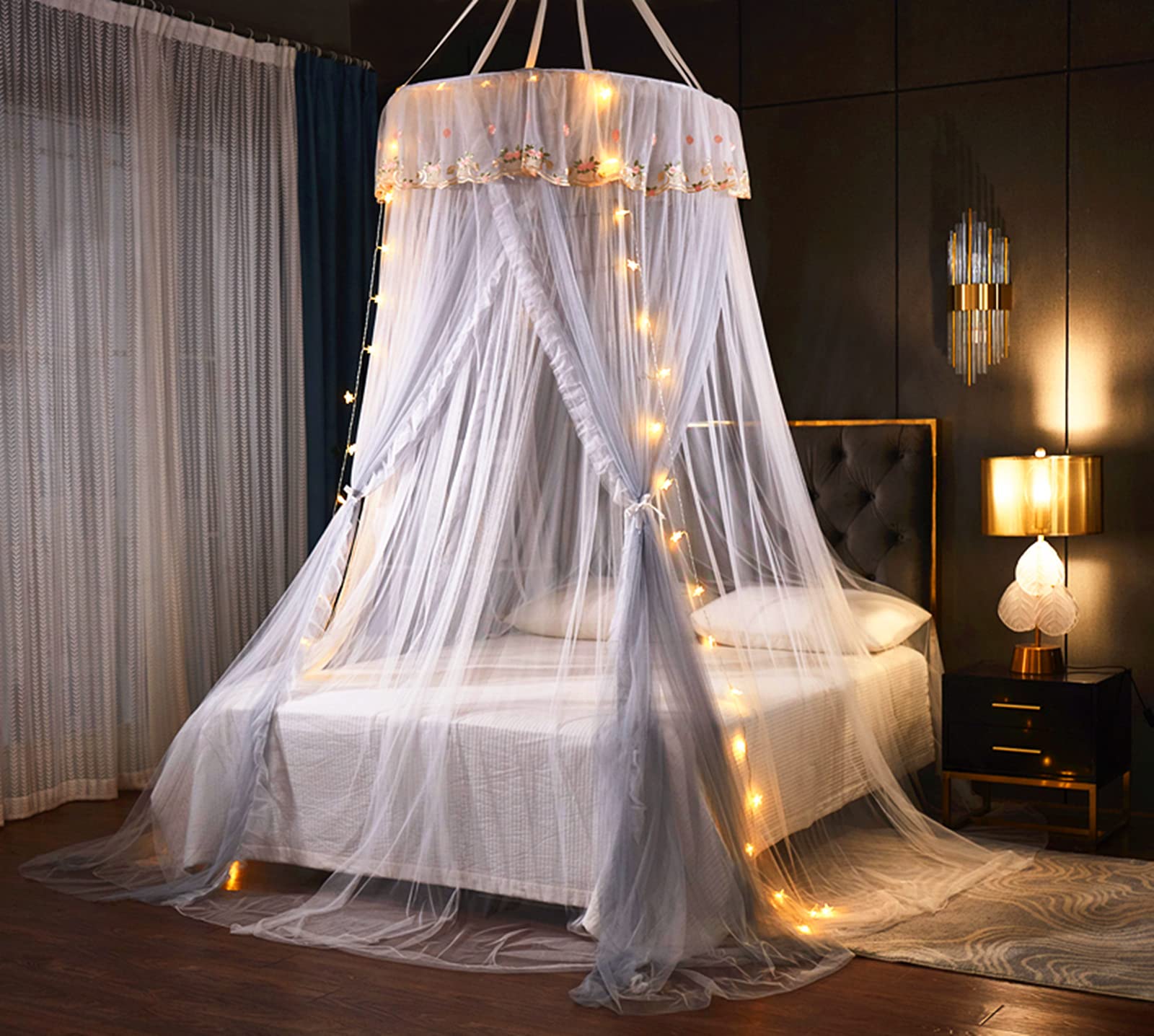 VETHIN Princess Bed Canopy for Girls - Double Layer Sheer Mesh Dome with Elegant Embroidery Lace, Mosquito Net Bed Curtain for Full/Queen/King Size Beds, Includes LED Star String Lights (Grey/White) - Perfect for Kids' Bedrooms, Sleepovers & Fairy Tale Themed Decor