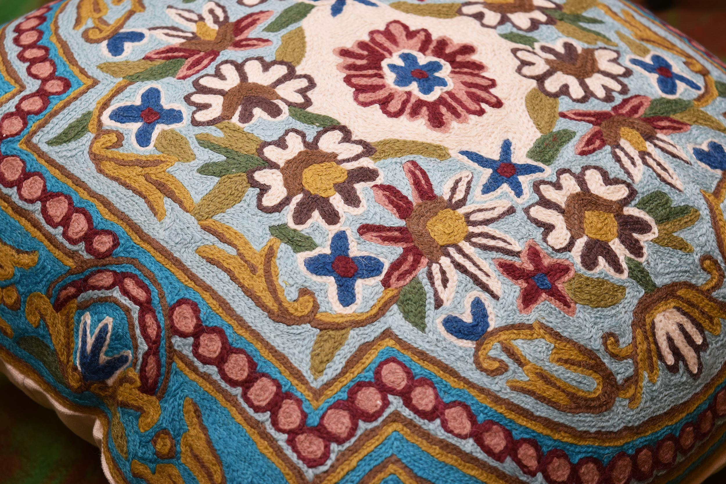 Turquoise Floral Pillow Cover - 18x18 Inch Blue Suzani Embroidered Cushion | Farmhouse Decor, Bohemian Throw Pillow for Sofa, Bed & Outdoor Patio Furniture
