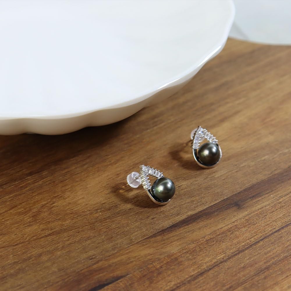 Tahitian Black Pearl Earrings for Women - 18K Gold Plated Sterling Silver Stud Earrings - Freshwater Cultured Pearls Jewelry Gift for Wife, Mom, Her - Perfect for Wedding, Birthday, Anniversary, Mother's Day, Valentine's Day & Christmas Gifts - Elegant Fine Jewelry for Special Occasions