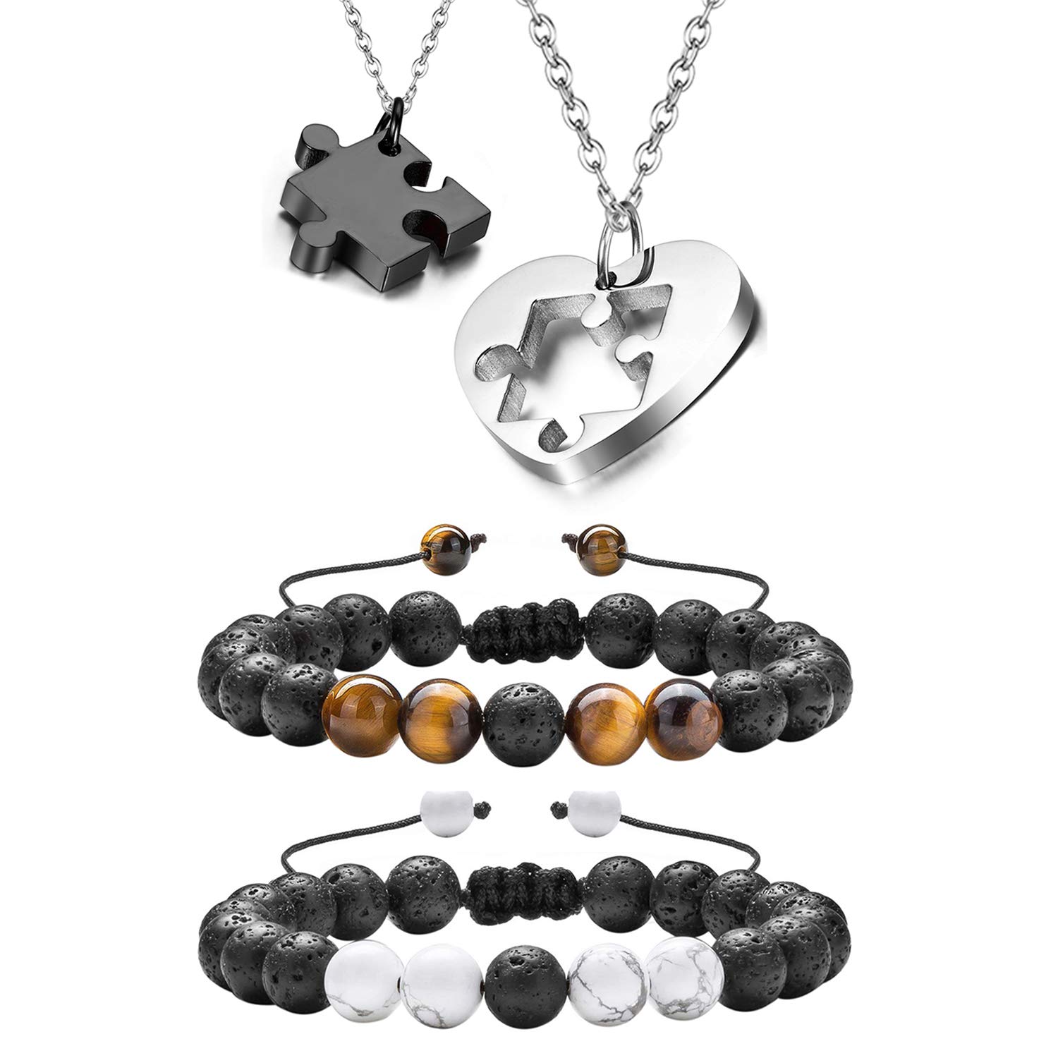 Cupimatch 2 Pairs Couple Matching Necklace & Bracelet Set - Adjustable Stainless Steel Heart Puzzle Necklace & His Hers Lava Rock Bead Essential Oil Diffuser Bracelet - Romantic Gift for Anniversary, Valentine's Day & Couple Date Night