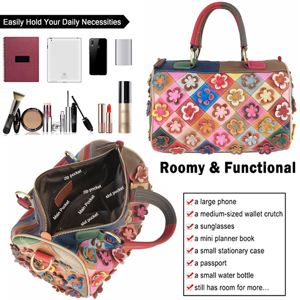 Genuine Leather Boston Bags for Women - 3D Floral Top Handle Handbag, Satchel Shoulder Crossbody Tote Purse | Work, Travel & Everyday Use