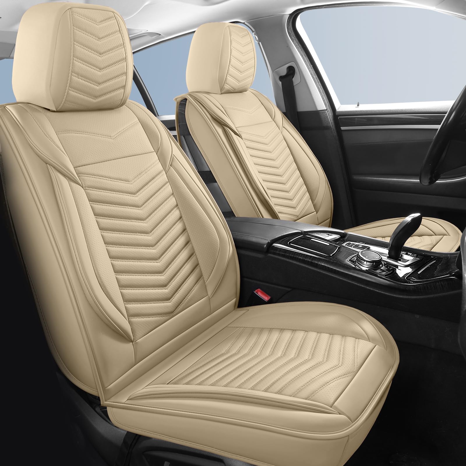 Breathable Waterproof Faux Leather Car Seat Covers - Universal Fit for SUV, Truck & Sedan - 2-Piece Front Seat Set (Beige) | Comfort & Protection for Daily Commute, Road Trips & Family Travel
