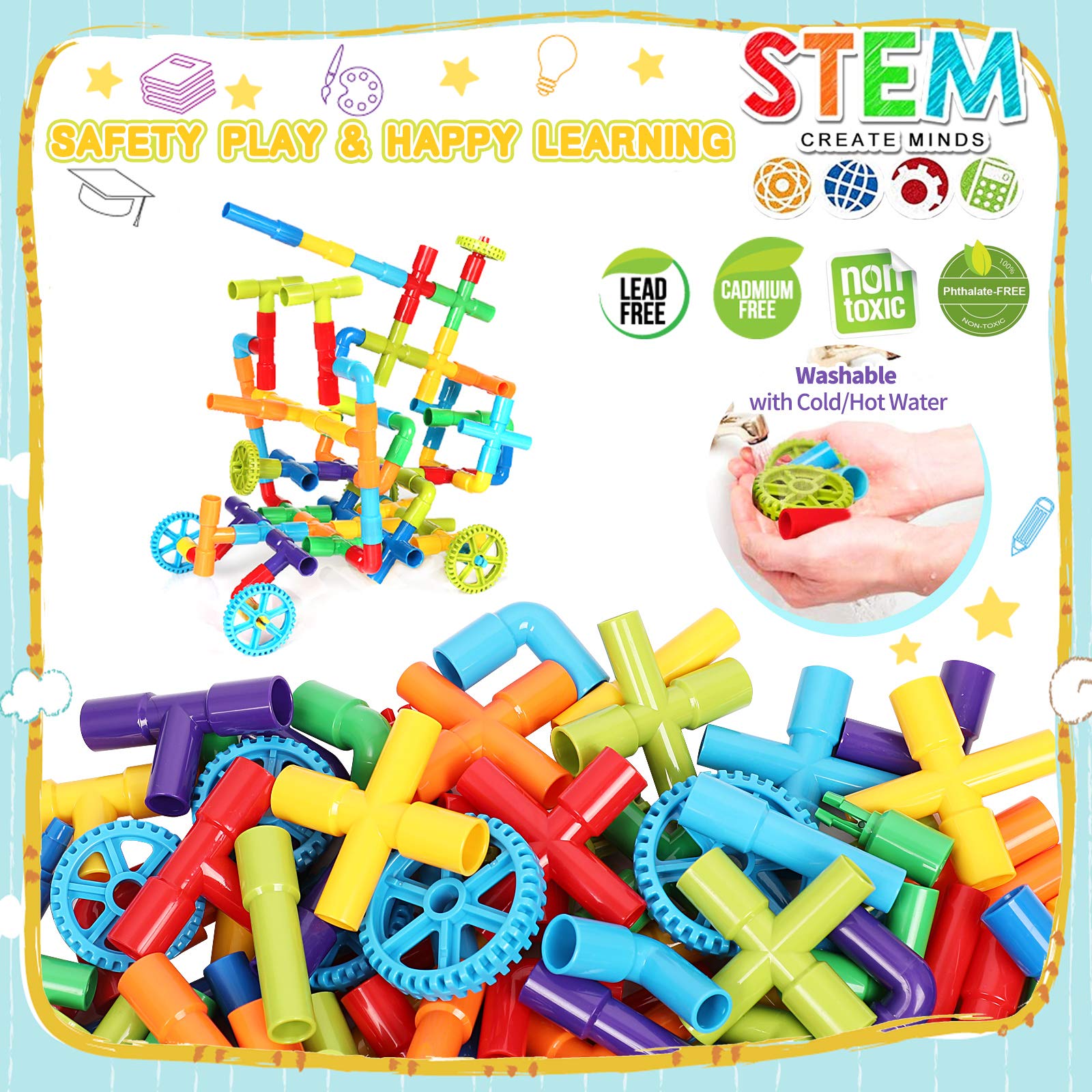 STEM Educational Building Toys for Kids Ages 3+ - 175 Piece Pipe Tube Construction Set with Interlocking Locks & Baseplate | Creative Learning Toys for Toddlers, Boys & Girls | Perfect for Classroom STEM Activities, Birthday Gifts & Early Childhood Development