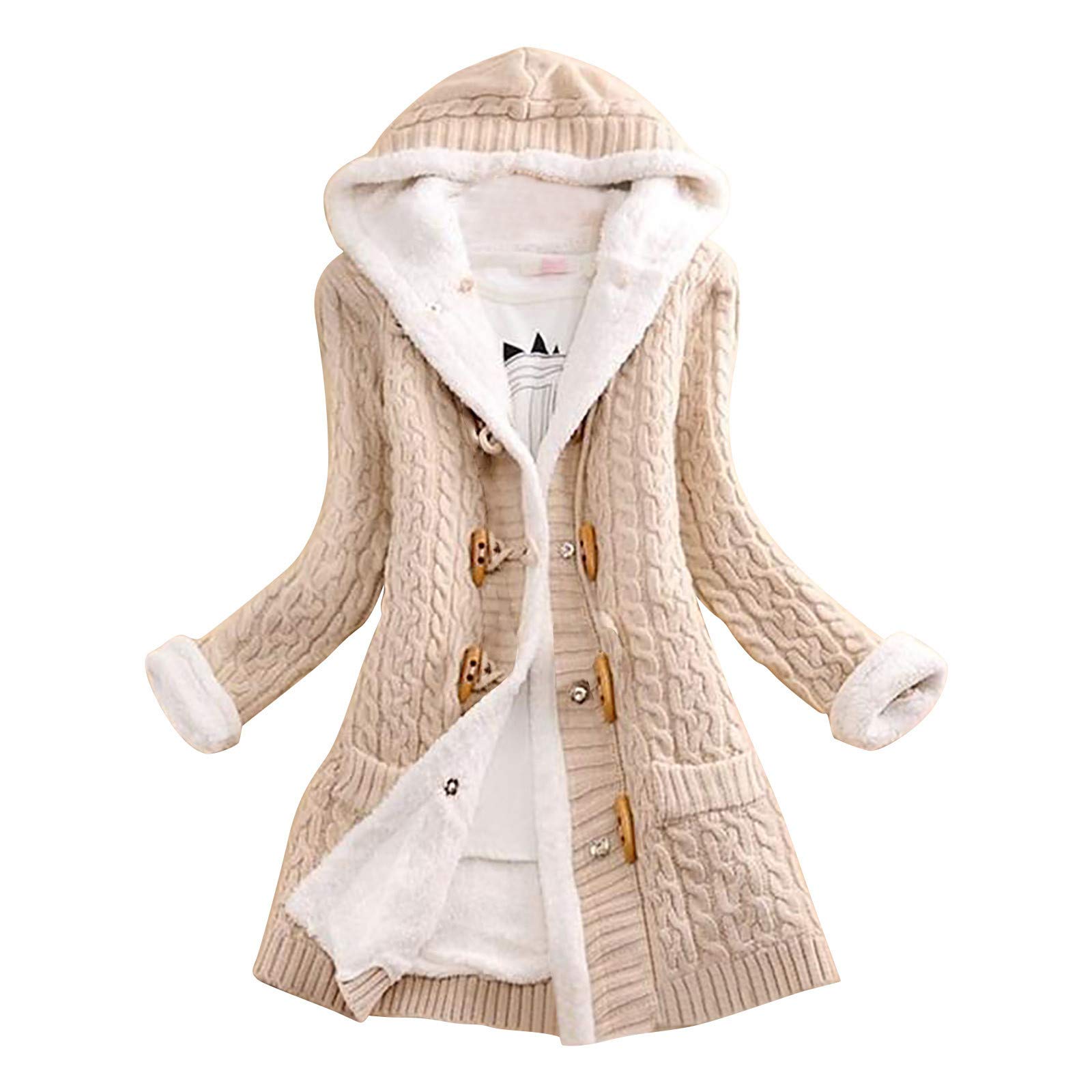 BIBOKAOKE Women's Casual Knit Button Long Sleeve Thick Warm Hooded Cardigan Coat - Soft Winter Scrub Jacket for Women | Perfect for Work, Lounge & Outdoor Activities