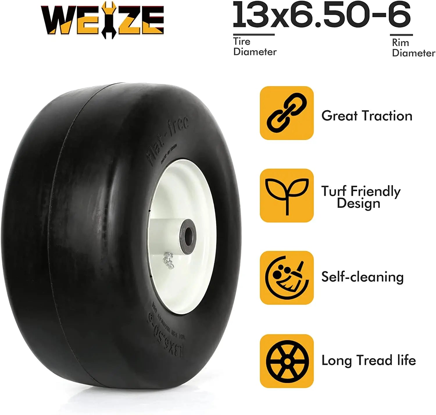 13x6.50-6 Flat Free Lawn Mower Tires with Rim - 5.5