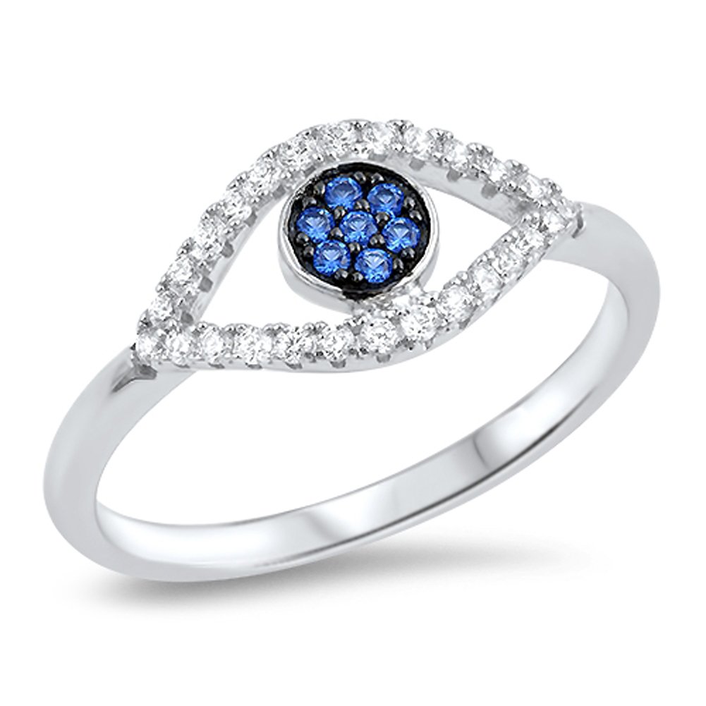 Evil Eye Blue Simulated Sapphire Ring .925 Sterling Silver Micro Pave Band Size 5-10 - Protection Jewelry for Women, Gift for Her, Boho Chic Accessory for Everyday Wear & Special Occasions