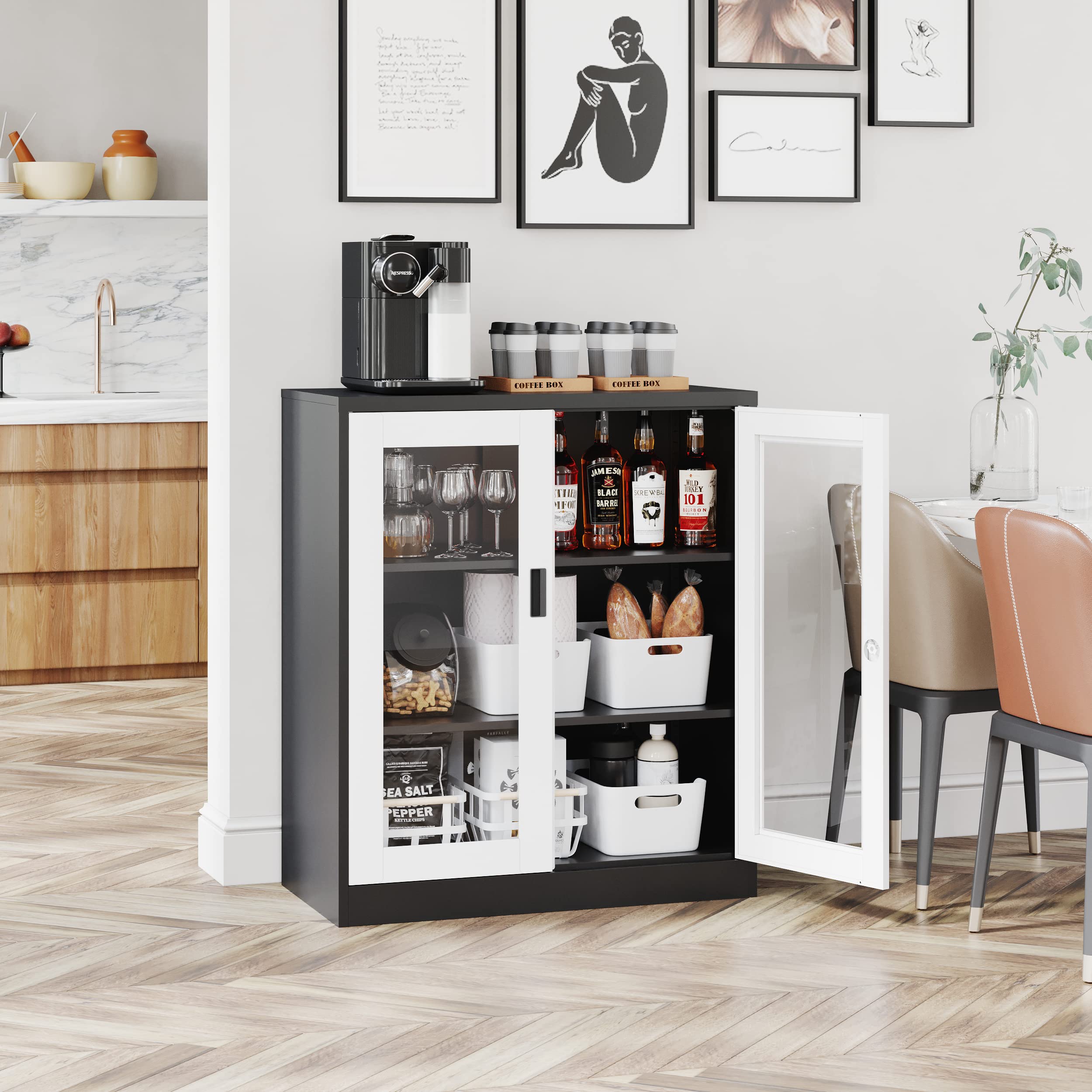 MIIIKO Metal Display Cabinet with Glass Doors & Lock - 2 Adjustable Shelves Storage Locker for Home, Office, School, Kitchen & Living Room - Perfect for Showcasing Collectibles, Storing Valuables & Organizing Spaces