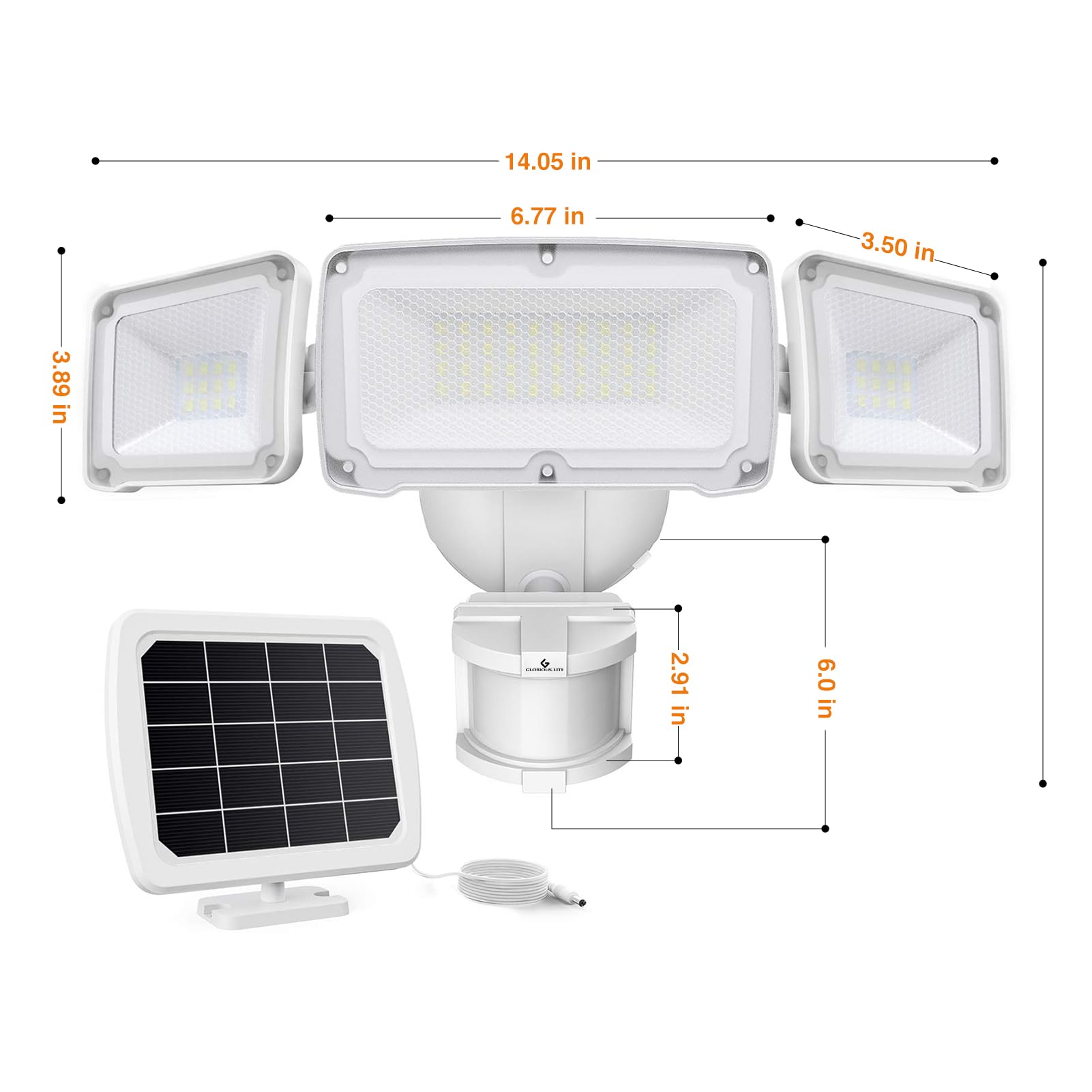 Glorious-Lite 1600LM Solar Motion Sensor Lights Outdoor - 3 Adjustable Heads, 5500K Daylight, IP65 Waterproof LED Flood Light for Backyard, Pathway, Patio & Security - Perfect for Nighttime Safety and Landscape Lighting