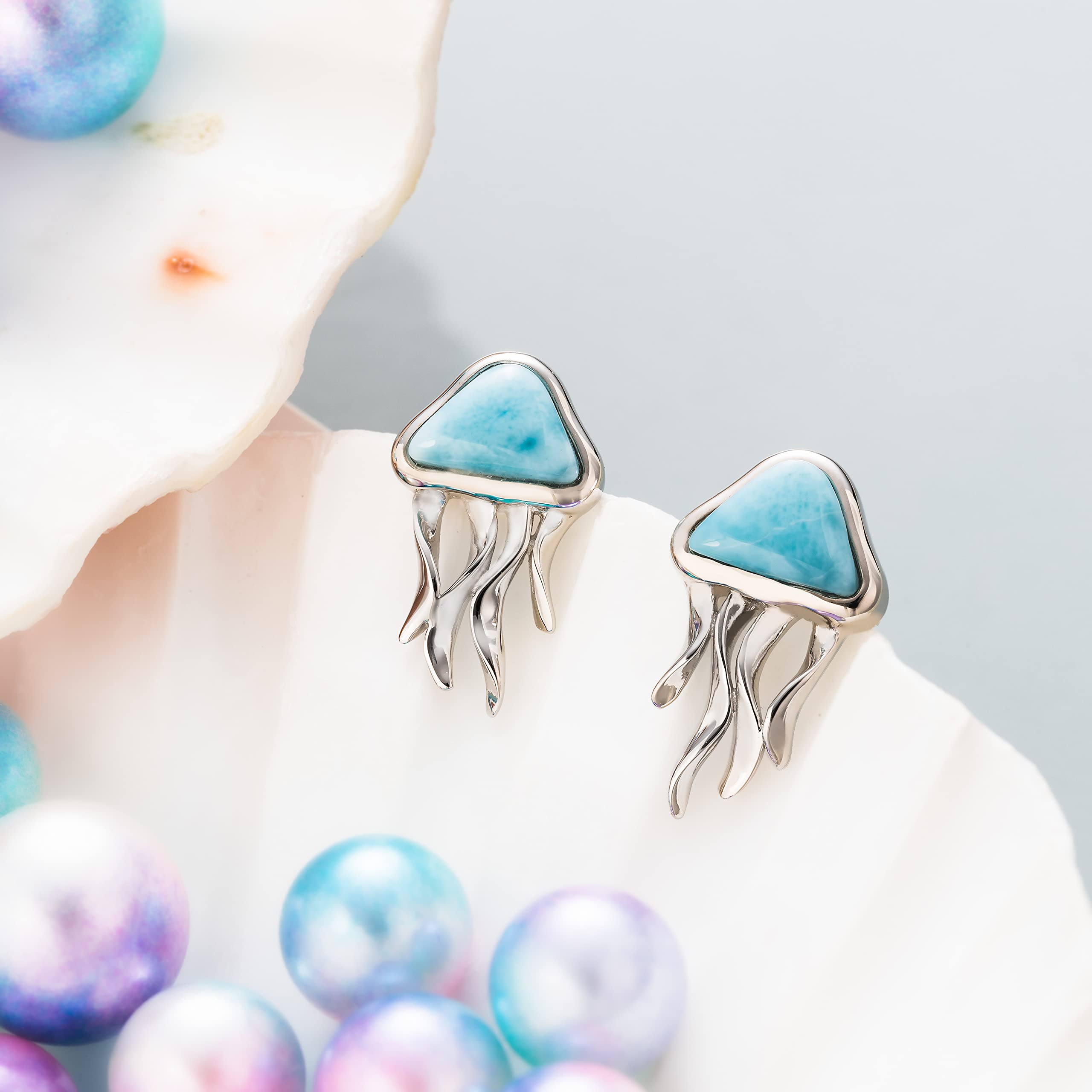 925 Sterling Silver Natural Larimar Jellyfish Stud Earrings for Women | Hypoallergenic Nickel-Free Jewelry | Sensitive Skin Safe | Hawaiian Inspired Design | Gift Box Included | Perfect for Beach Vacations, Summer Outfits and Special Occasions