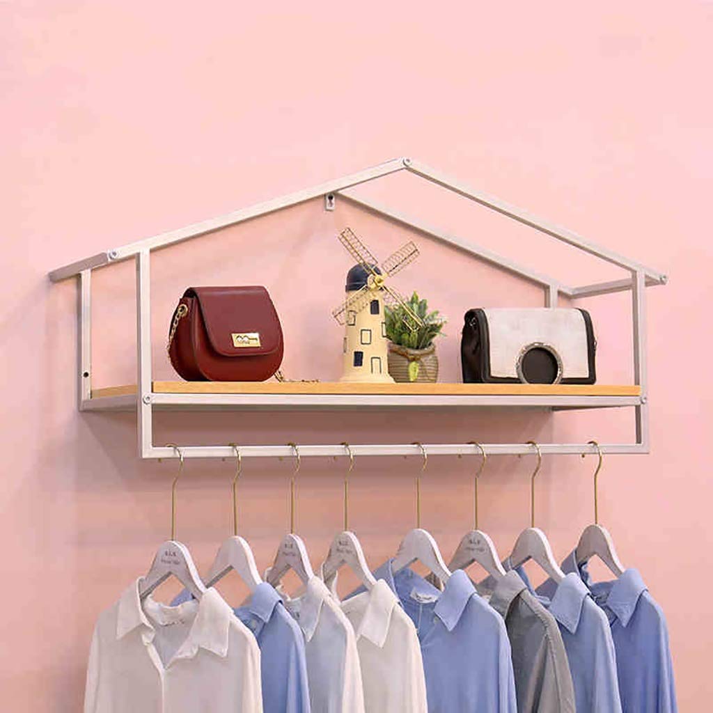 White Wall Mounted Floating Shelves with Clothing Rod - Iron & Wood Garment Display Rack for Closet Organization (100x28x47cm) - Perfect for Bedroom, Boutique Store and Retail Clothing Display