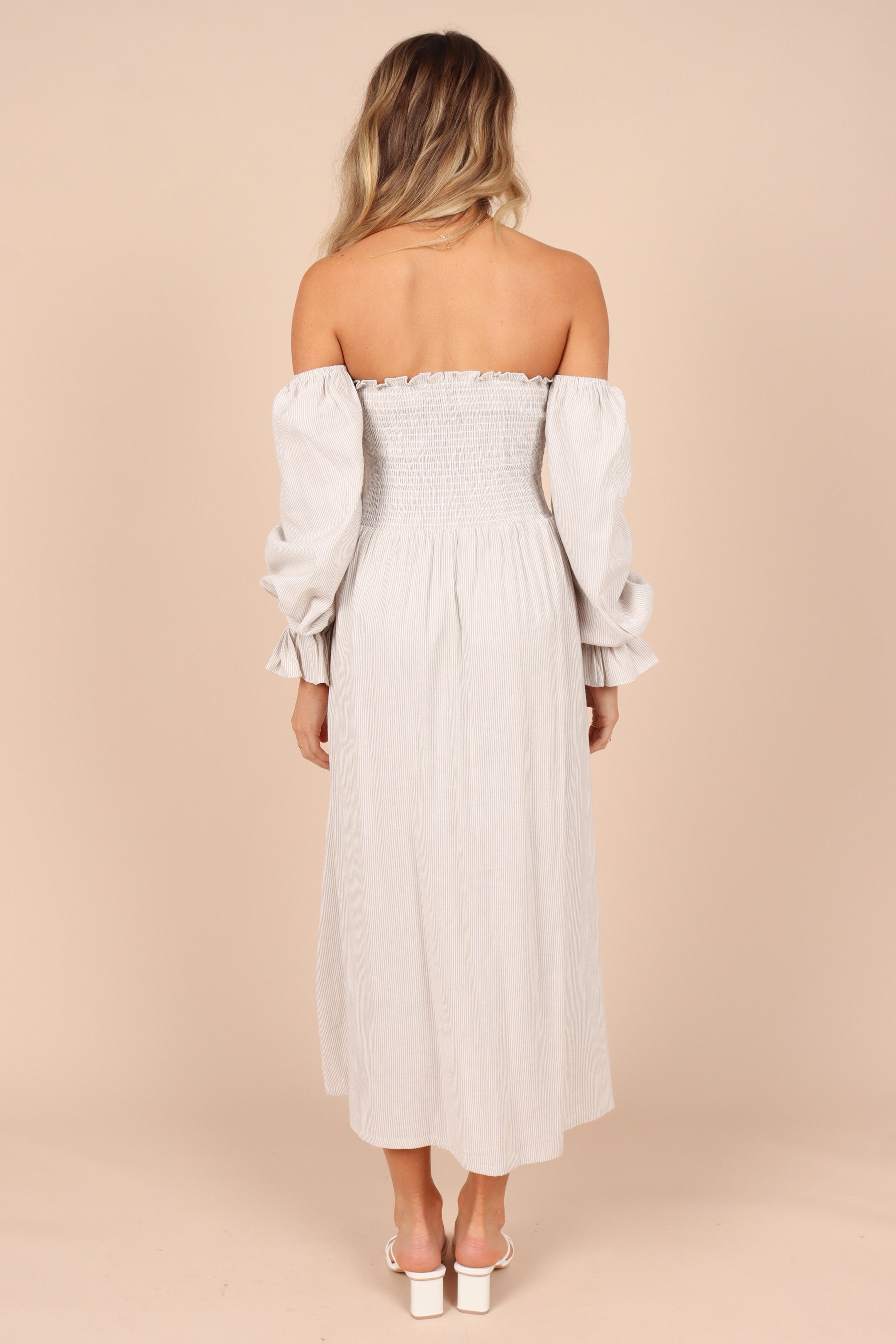 Stylish Domenica Shirred Long Sleeve Midi Dress in Beige Stripe - Perfect for Casual Outings, Office Wear & Special Occasions