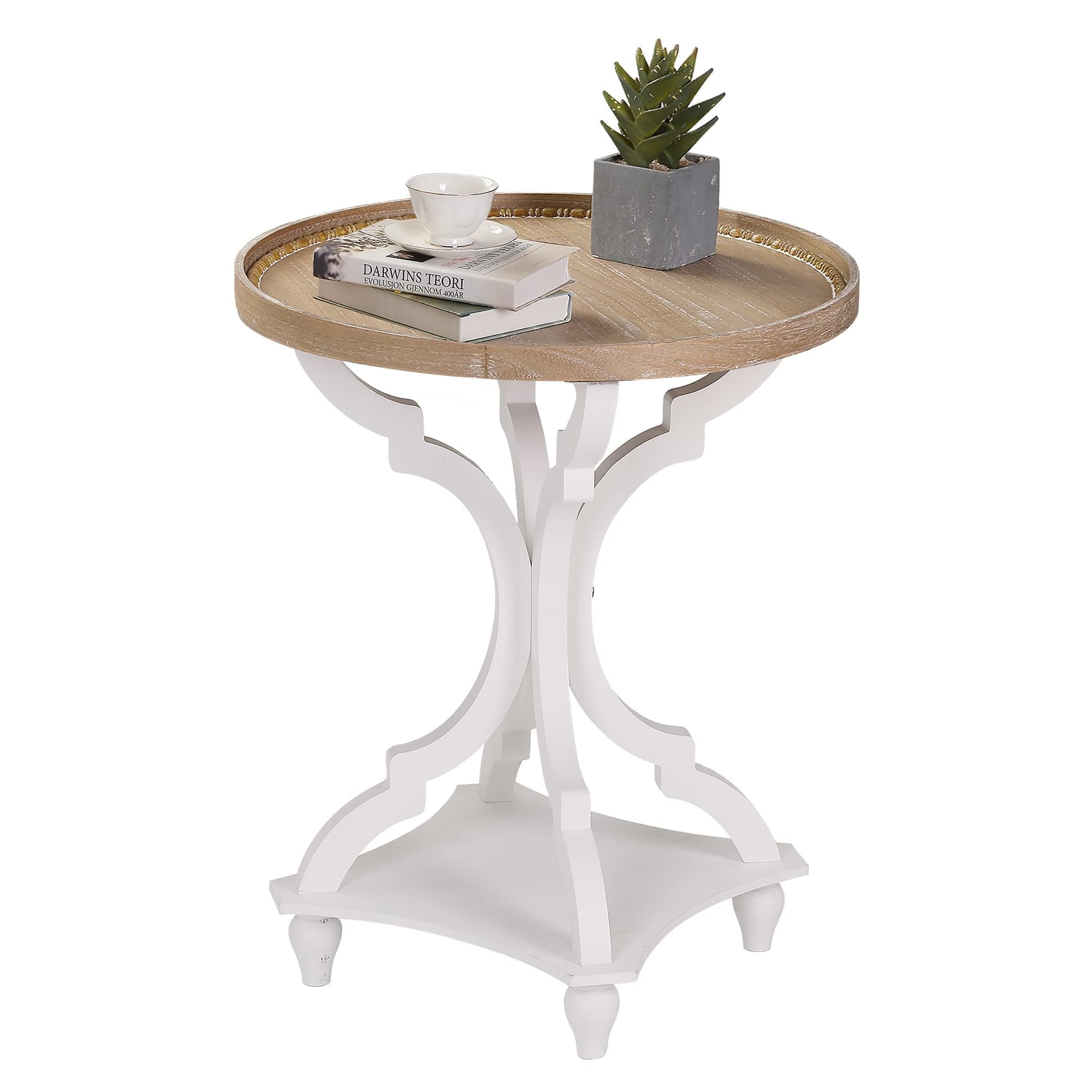 Wnutrees Farmhouse Round Accent End Table - Rustic Wooden Side Table with Tray Top, Handcrafted White Finish - Perfect for Living Room, Bedroom Nightstand or Coffee Table Decor