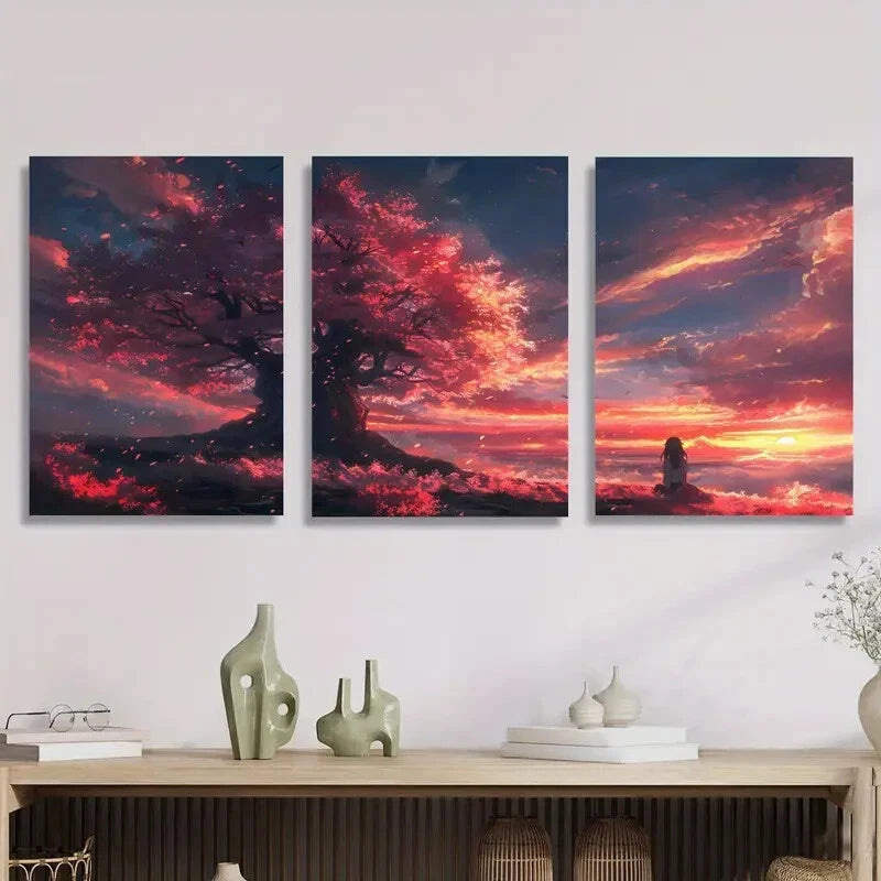 3-Piece Anime Girl Under Cherry Blossom Tree Metal Wall Art Prints - Ready to Hang Home Decor for Living Room, Bedroom & Office