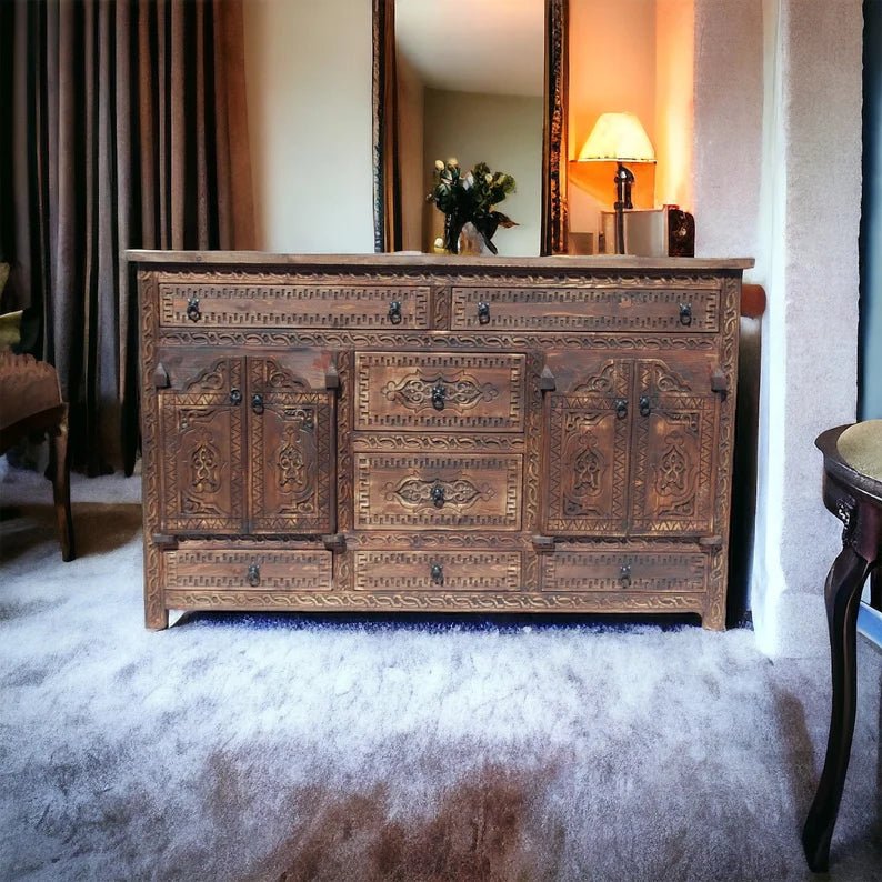 Hand Carved Brown Sideboard Buffet Table with Four Doors - Rustic Farmhouse Dining Room Storage for Dishes, Linens & Entertaining Essentials