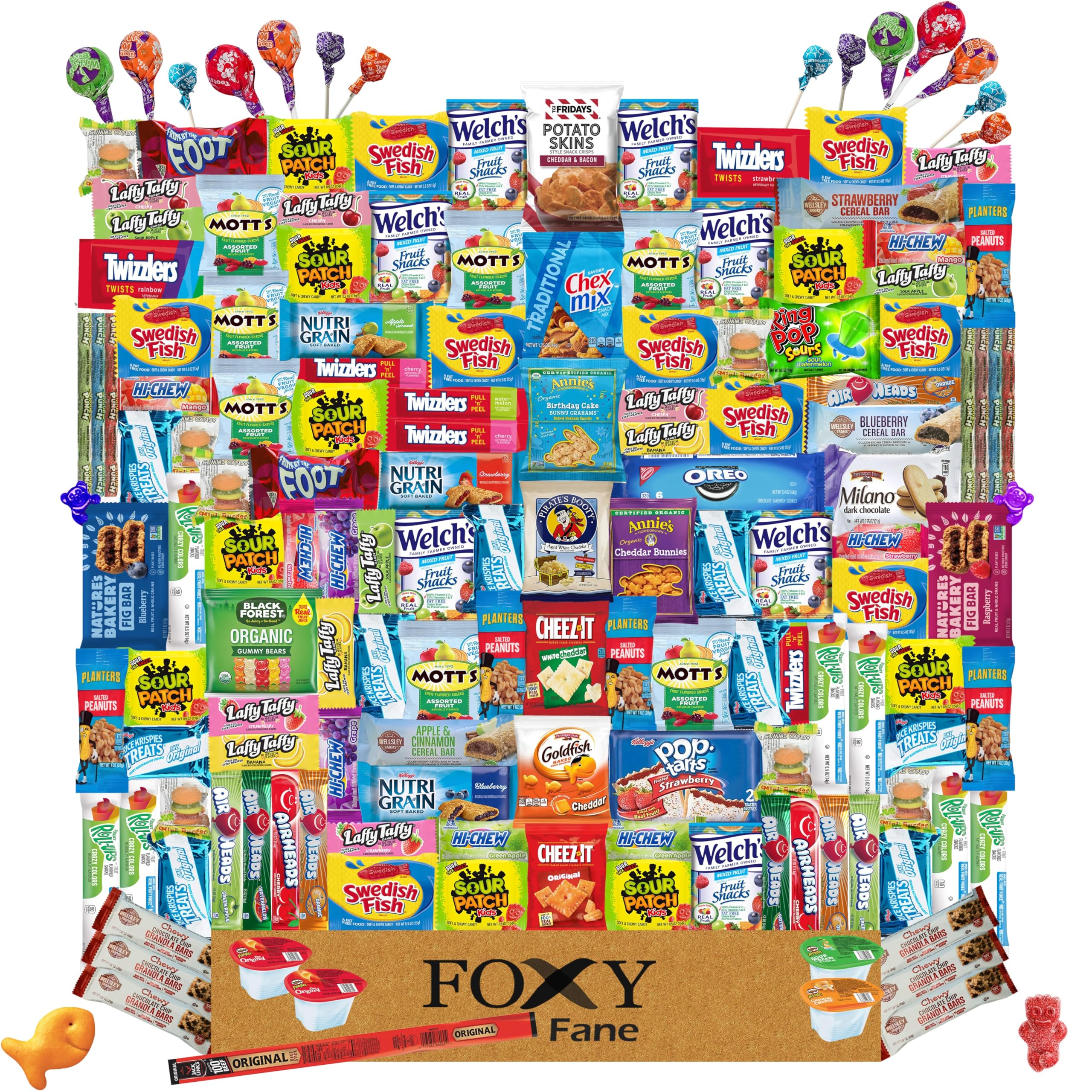 Foxy Fane 150 Count Deluxe Snack Box - Premium Gift Care Package with Assorted Crackers, Cookies, Candy, Chips & Snacks - Bulk Variety Pack of Sweet & Savory Treats (150 Snacks) - Perfect for Office Parties, College Care Packages & Holiday Gifts