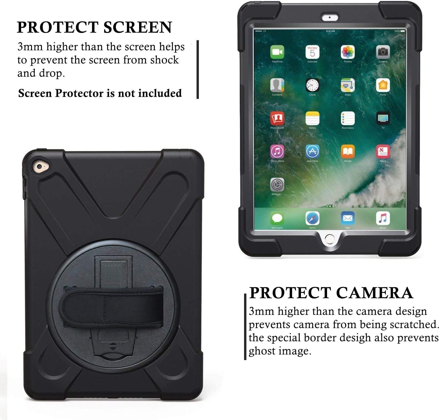 **Military Grade Shockproof iPad Air 2 Case for Kids (Model A1566/A1567, 2014) – Heavy Duty Rotating Stand with Hand Strap | Rugged Protective Cover for iPad Air 2nd Gen 9.7 Inch – Perfect for School, Travel & Outdoor Play (Black)**