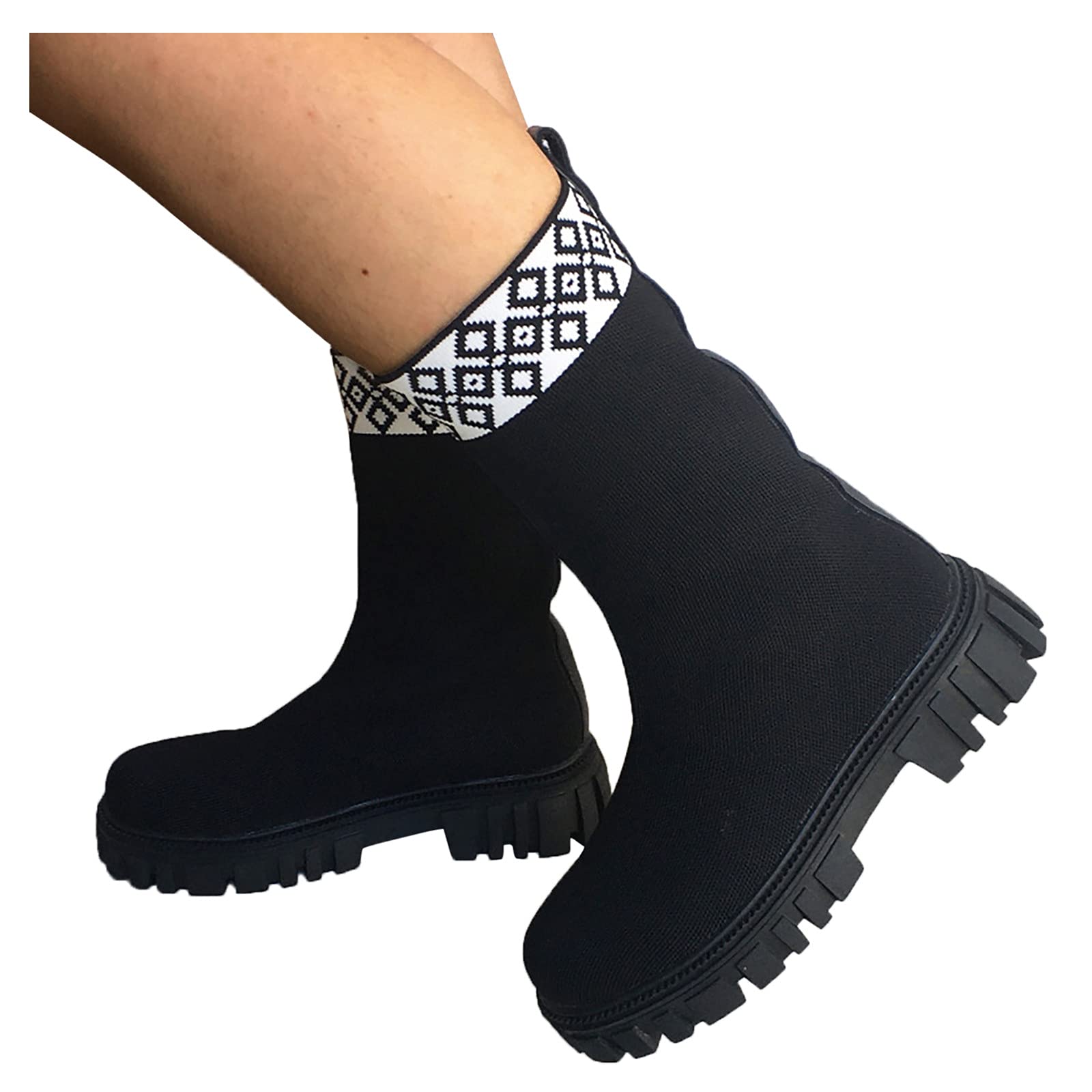 Women's Mid Calf Cowboy Boots - Wide Calf Riding Boots with Knitted Sock & Chunky Heel - Vintage Print Fashion Ankle Boots for Winter Snow - Comfortable Platform Boots for Casual Wear, Horseback Riding & Outdoor Activities