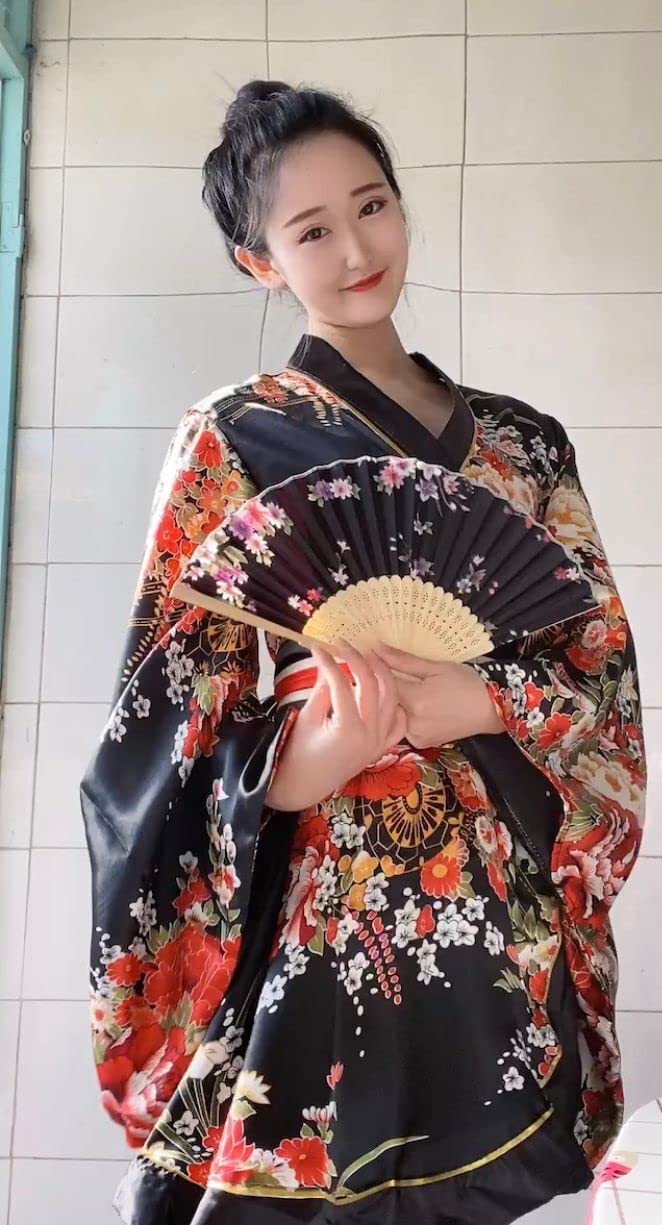 Japanese Anime Women's Dance Kimono Robe with Silk Folding Fan & Tabi Socks Set - Cosplay Costume for Halloween, Anime Conventions & Traditional Dance Performances