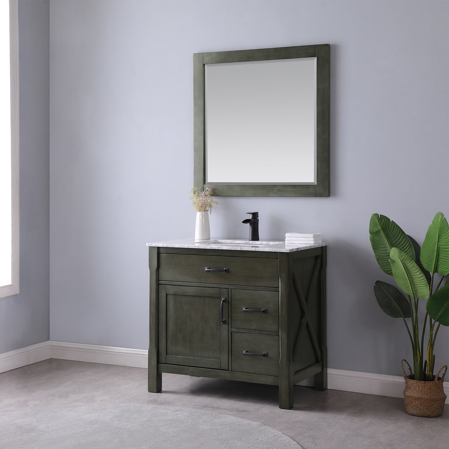 Maribella 36 Inch Single Bathroom Vanity Set with Carrara White Marble Countertop - Modern Sink Cabinet for Small Bathrooms, Powder Rooms & Guest Baths