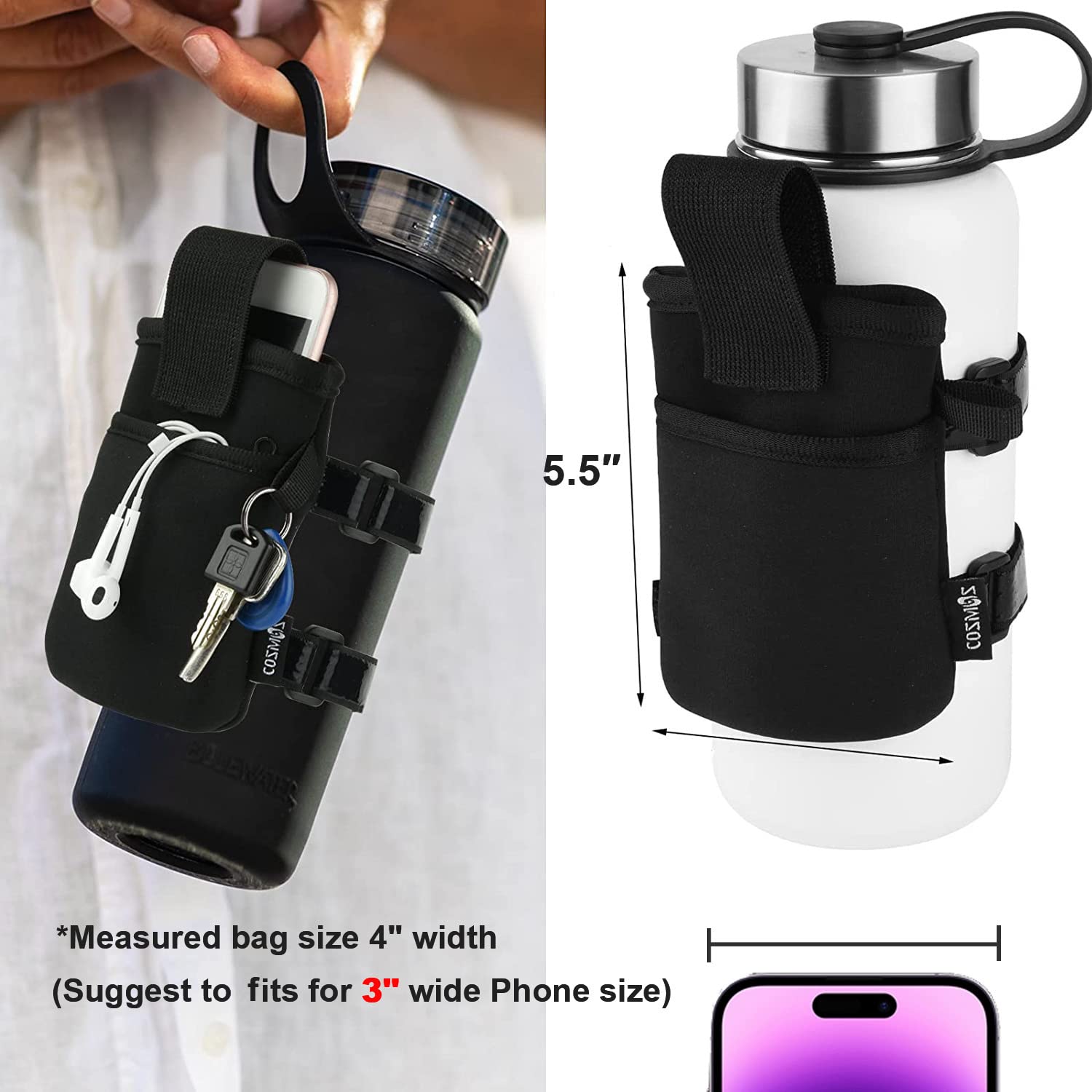 **Cosmos Gym Water Bottle Pouch - Leak-Proof Bottle Holder with Storage Sleeve for Running, Walking & Workouts - Holds Phone, Keys & Cards - Perfect for Fitness, Hiking & Outdoor Activities**