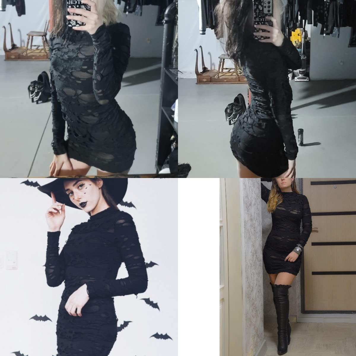Suillty Women's Gothic Black Mesh Long Sleeve Mini Dress - Vintage Punk Bodycon Party Dress for Halloween, Cosplay, Nightclub & Festival Outfits - Sexy Tight Fitted Lace Up Clubwear for Concerts & Costume Parties