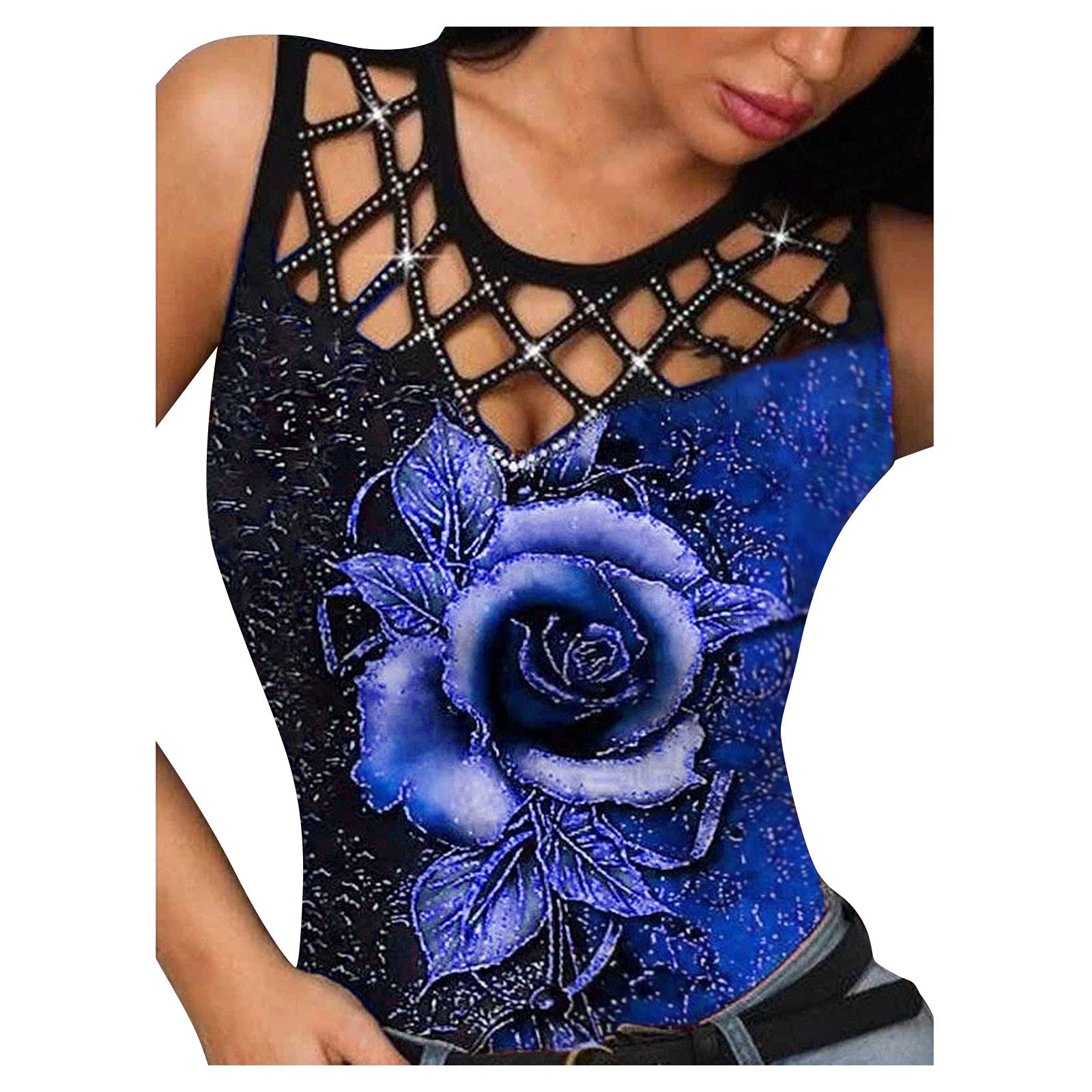 Women's Summer Sleeveless Lace T-Shirt with Rhinestone Decor - Casual Hollow Print Tee Tops for Beach, Party & Everyday Wear