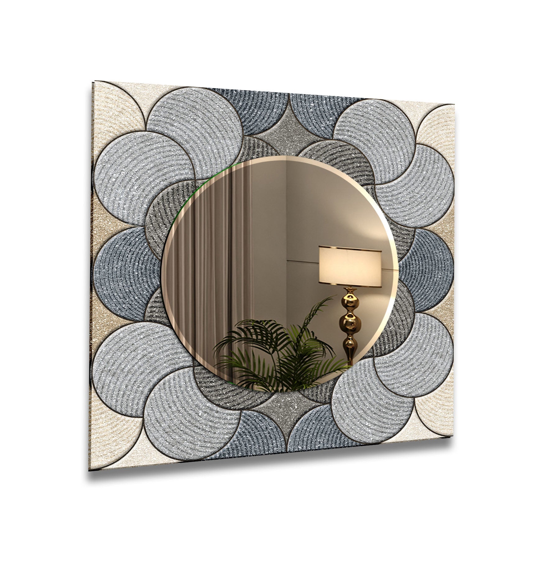 Modern Beige and Gray Circles Design Wall Mirror - Stylish Round Decorative Mirror for Living Room, Bedroom, or Entryway Decor