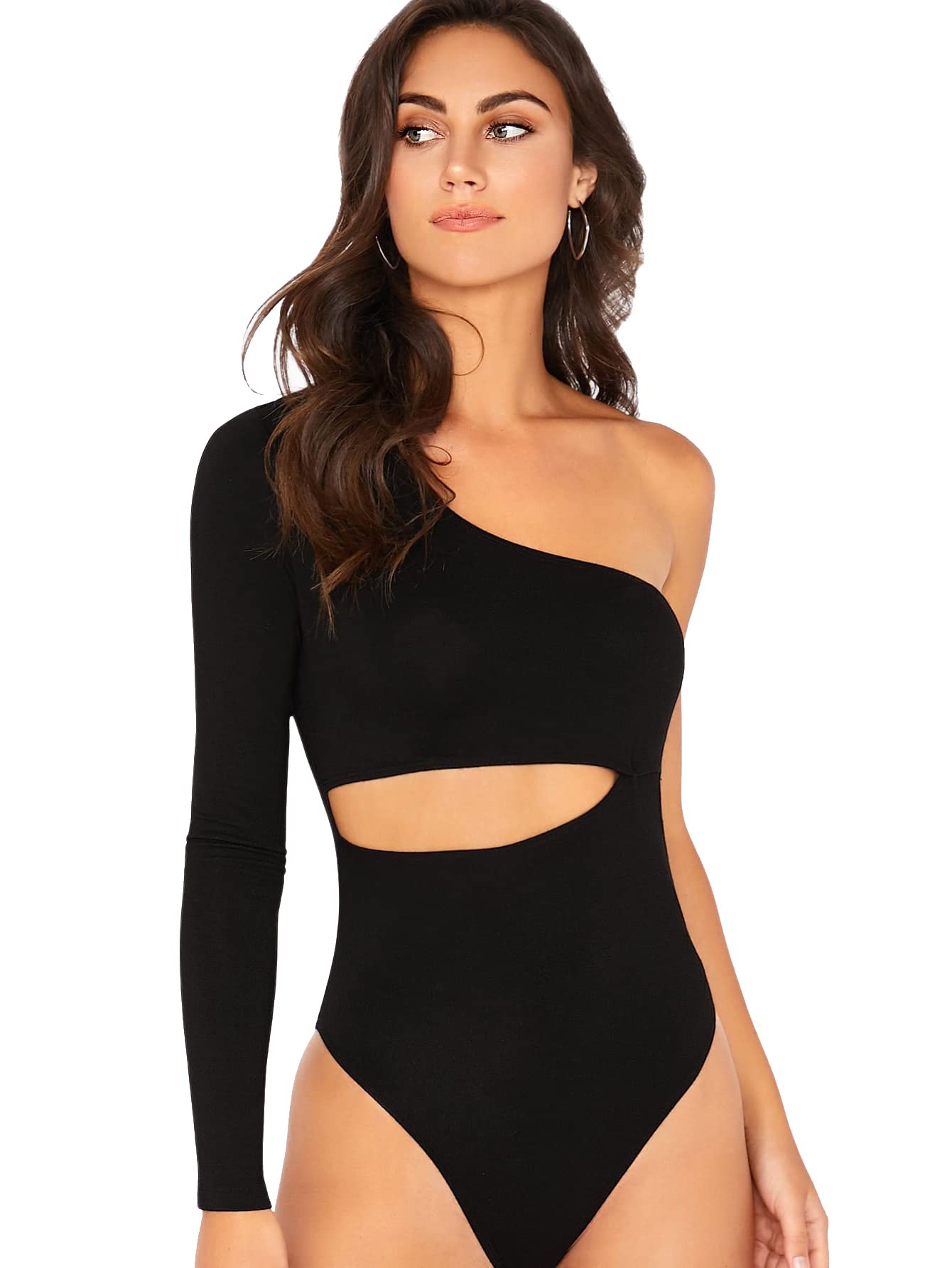 Verdusa Women's Sexy One Shoulder Long Sleeve Cut Out Bodysuit - Stretchy Leotard Top for Dance, Yoga & Night Out