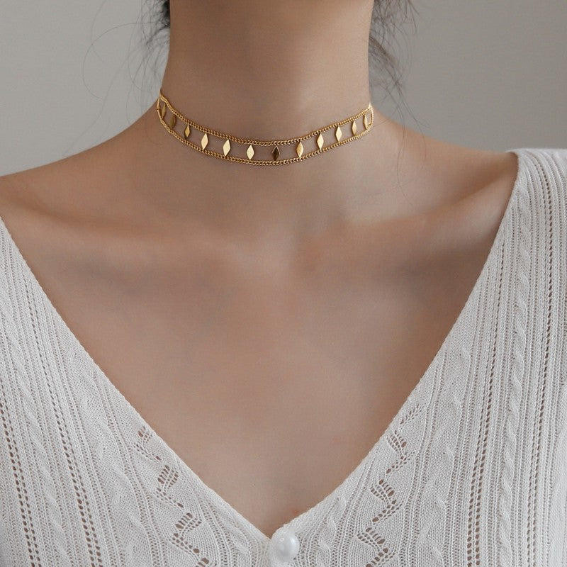 18K Gold Sequin Layering Choker Necklace for Women - Elegant Clavicle Chain with Sparkling Crystals | Perfect for Parties, Weddings, and Date Nights (P555)