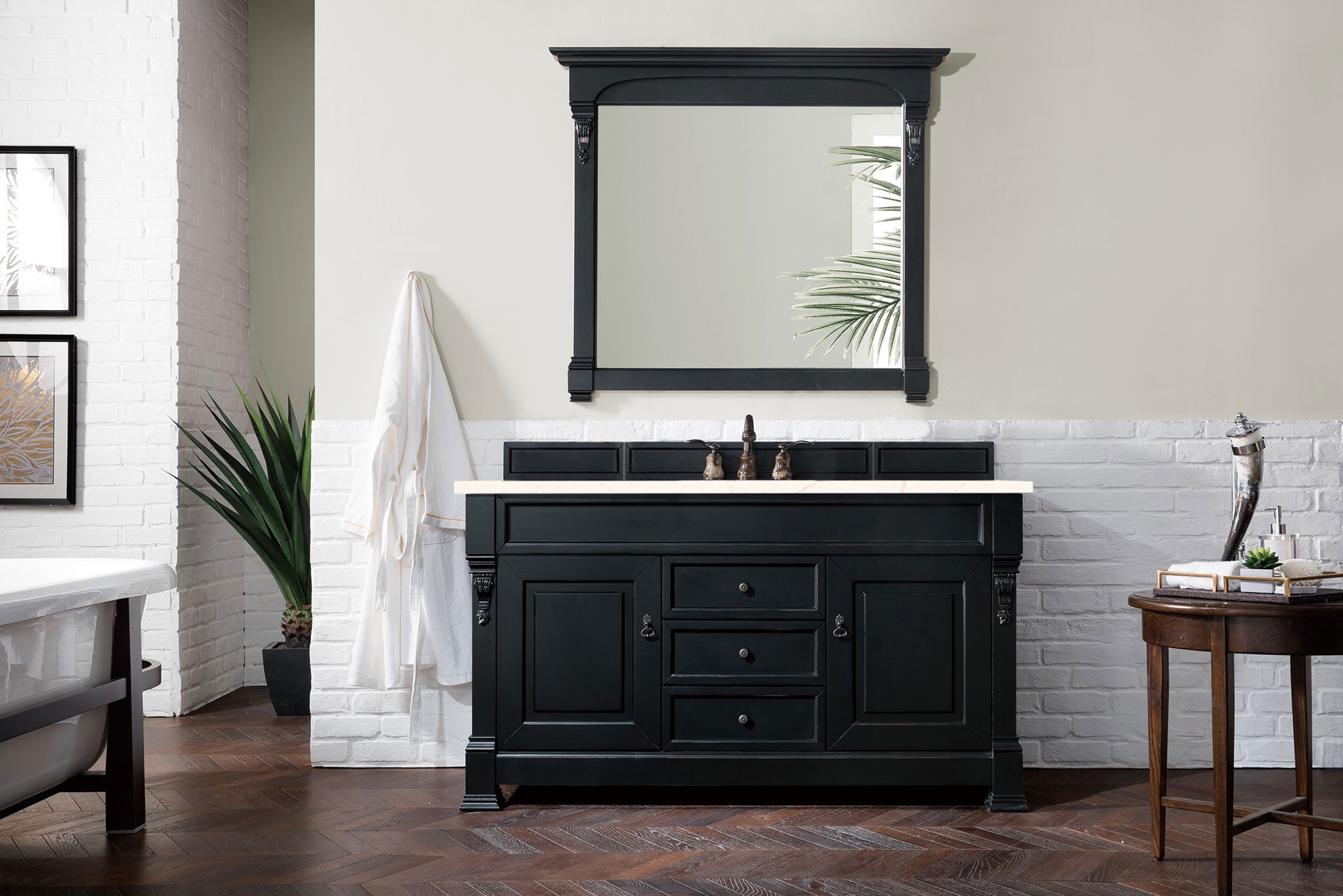 Brookfield 60 Inch Single Bathroom Vanity with Antique Black Finish & 3CM Eternal Marfil Quartz Countertop - Perfect for Modern Farmhouse, Coastal, or Traditional Bathroom Designs