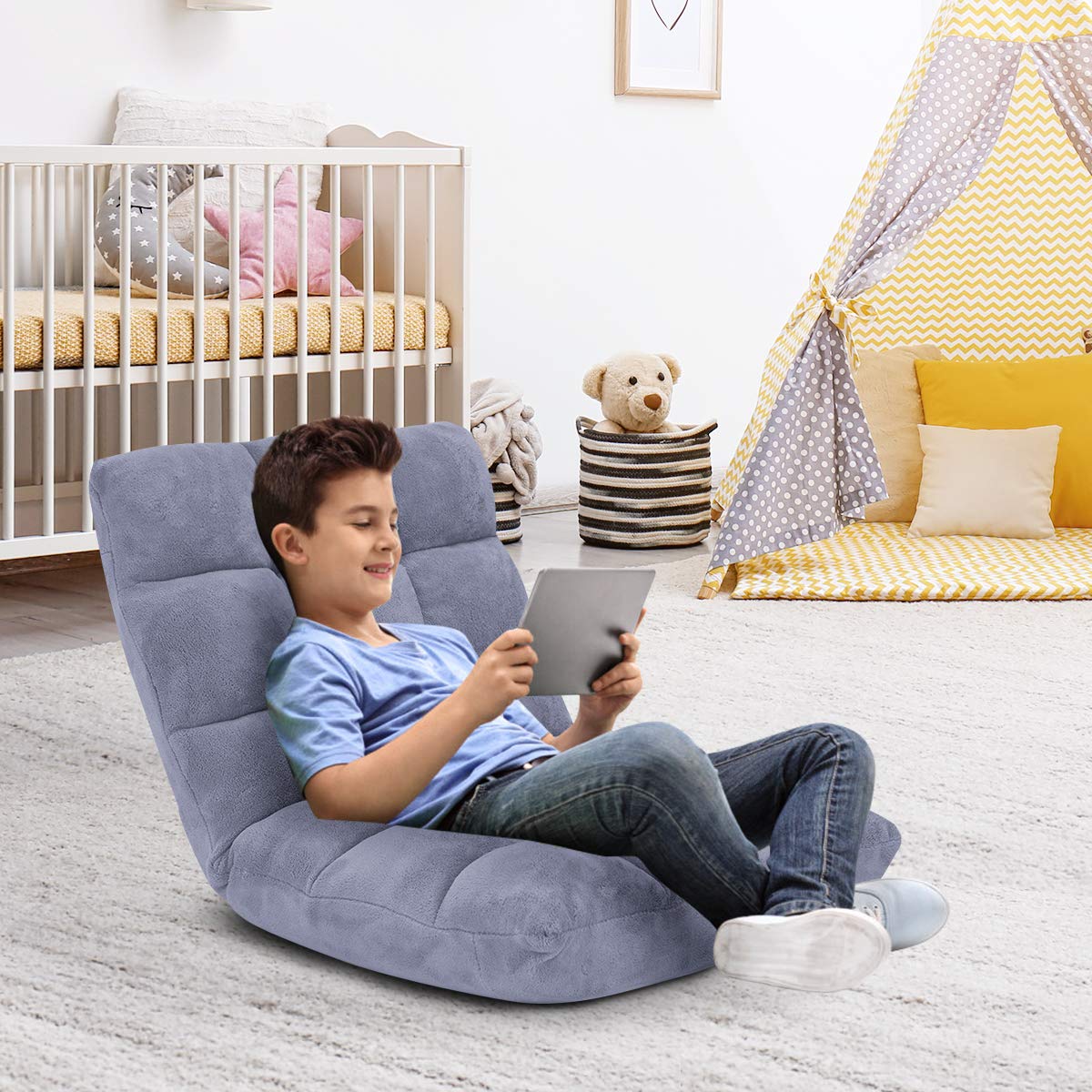 14-Position Adjustable Floor Folding Sofa Chair - Convertible Sleeper Bed & Gaming Recliner for Living Room, Bedroom - Comfortable Multi-Functional Furniture (Gray) | Perfect for Small Spaces, Movie Nights & Guest Accommodations