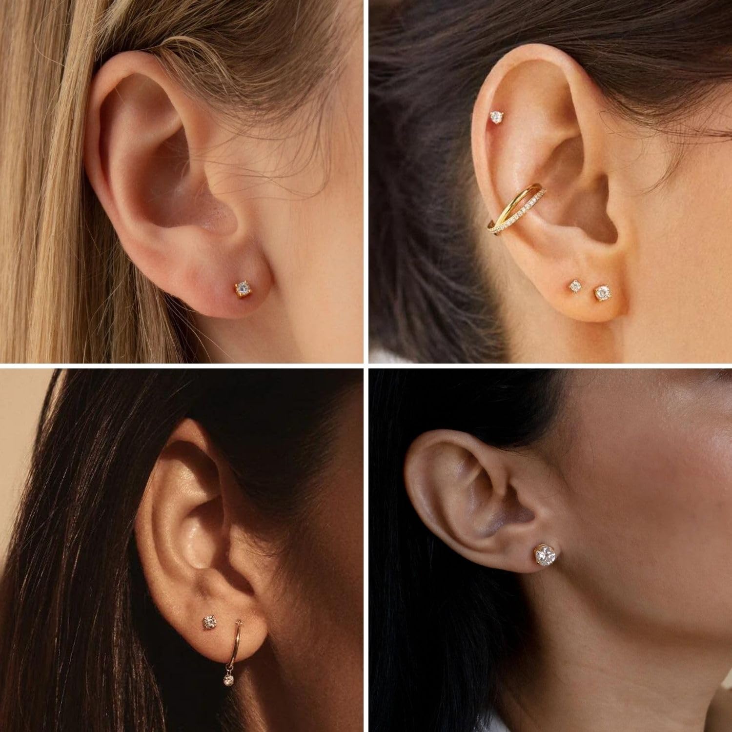 Kainier 14K Gold Plated CZ Stud Earrings for Women - Round Simulated Diamond Cubic Zirconia Earrings Set (5 Pairs) | Perfect for Everyday Wear, Gift Giving & Special Occasions