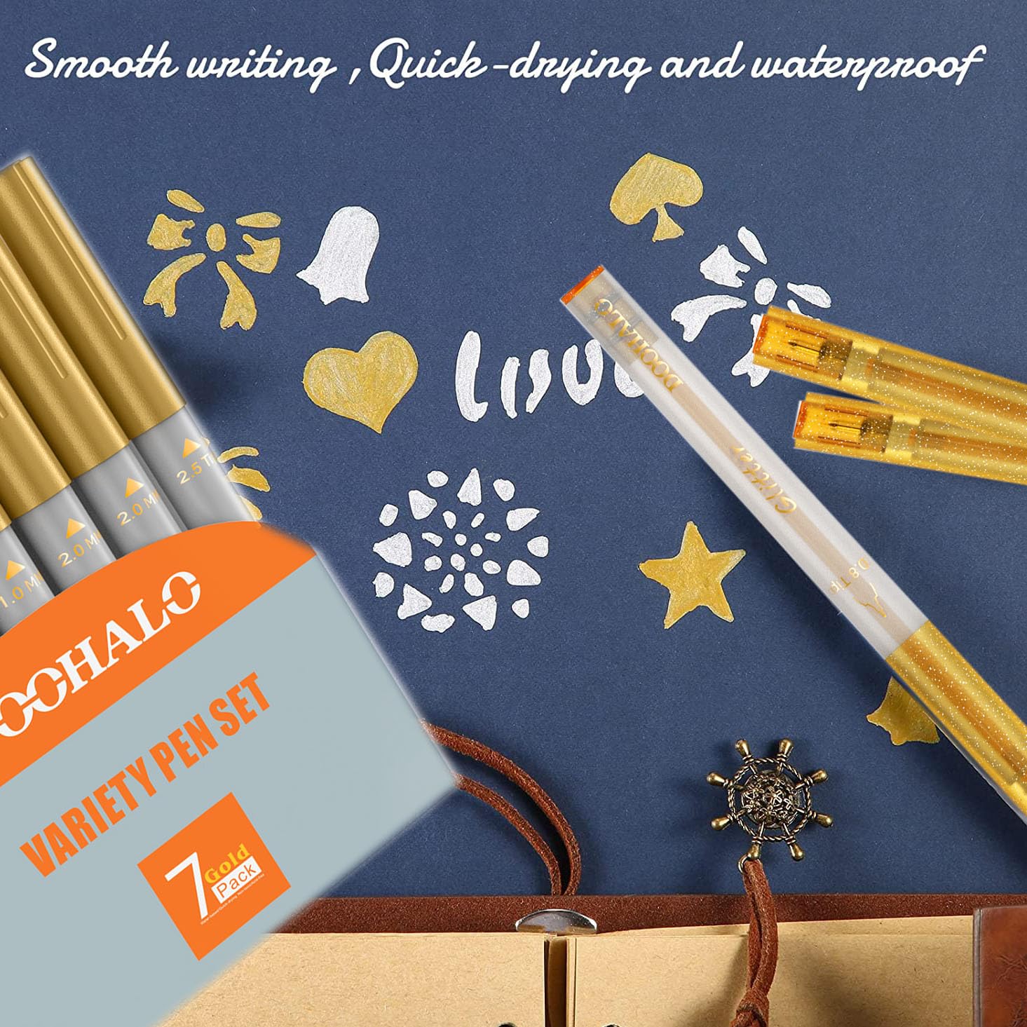 DOOHALO Gold Metallic Gel Glitter Pens - 8-Pack Variety Point Tips (0.8mm-2.5mm) for Cricut Maker 3, Maker, Explore 3, Air 2 & Air - Perfect for Drawing, Writing, Scrapbooking, Card Making & DIY Crafts